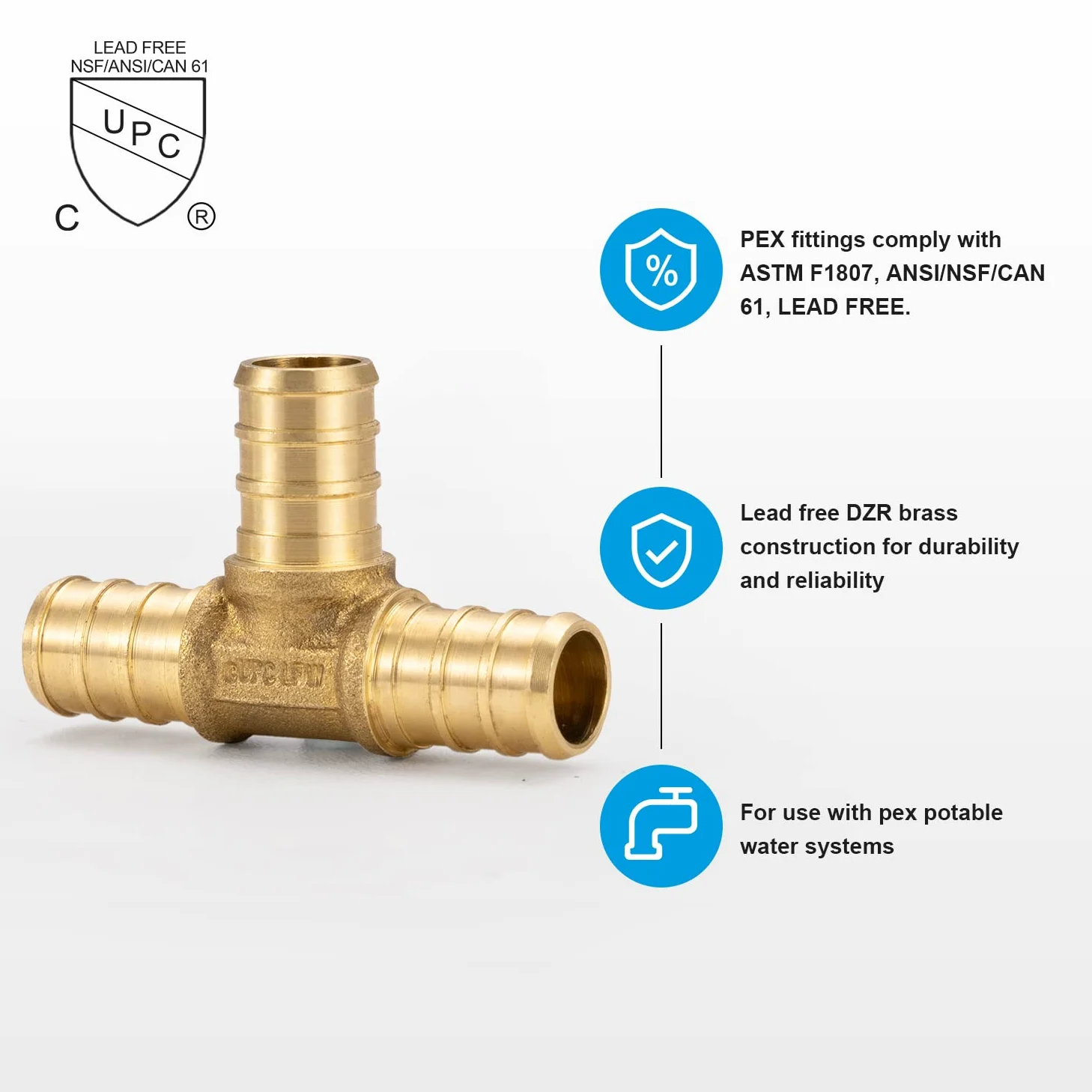 (20 unidades) 1/2 pulgada PEX Tee F1807, accesorio de crimpado de latón LF para tubo PEX-b