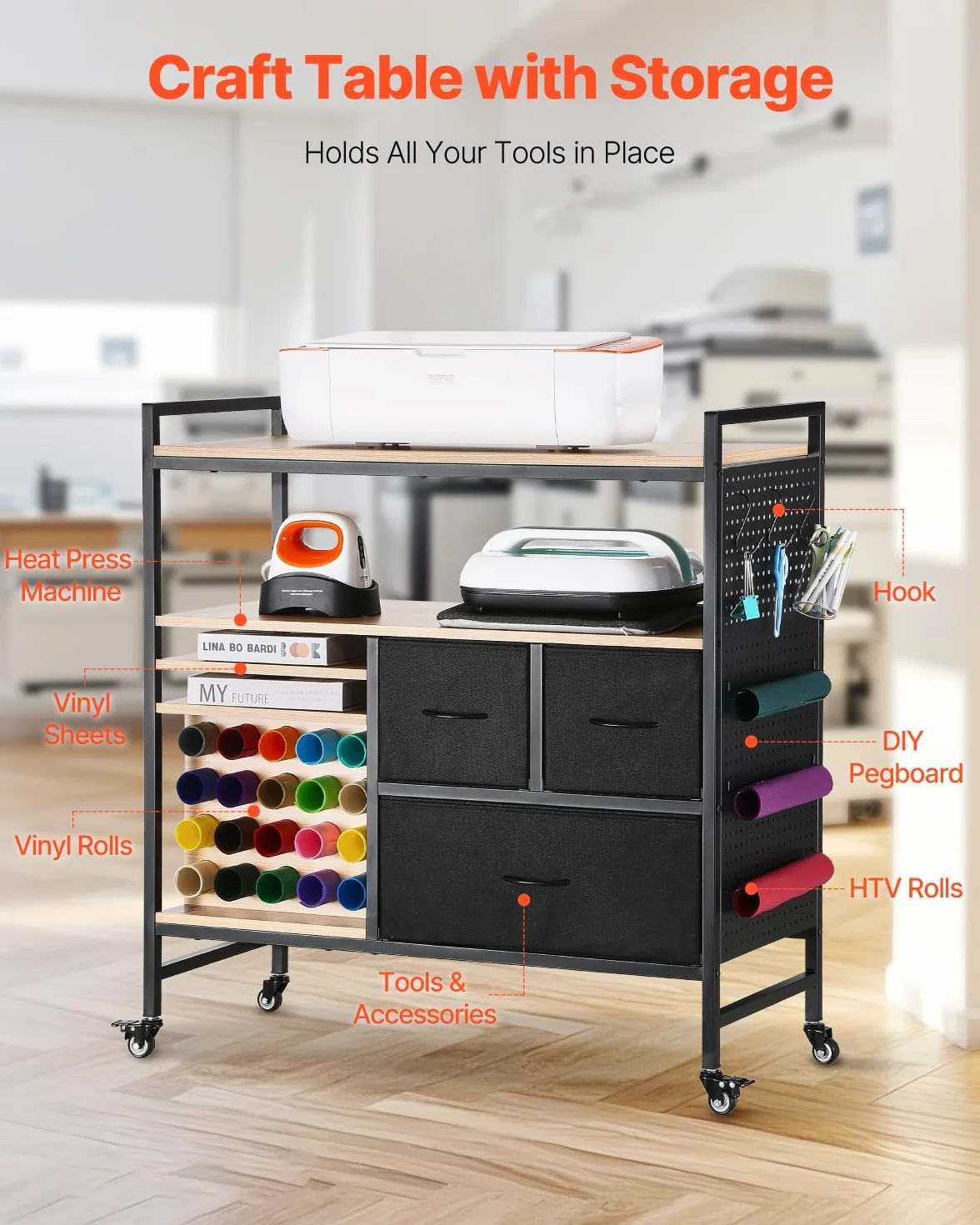 VEVOR Carrito de Manualidades con Ruedas y Mesa de Almacenamiento, Mesa Cricut Plegable con Lados Plegables, 20 Soportes para Rollos de Vinilo y 3 Cajones, Compatible con Máquinas Cricut, Negro