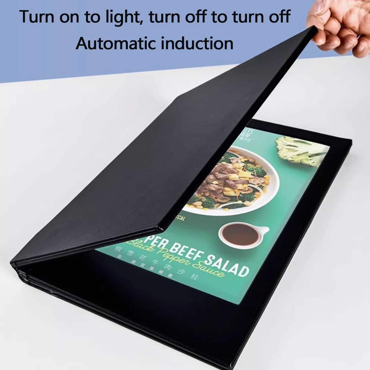 A5 - Cubiertas de menú con iluminación LED, soporte de menú de panel individual o doble, cubierta de menú de visión clara con protectores de cuero para restaurantes, bares, cafeterías