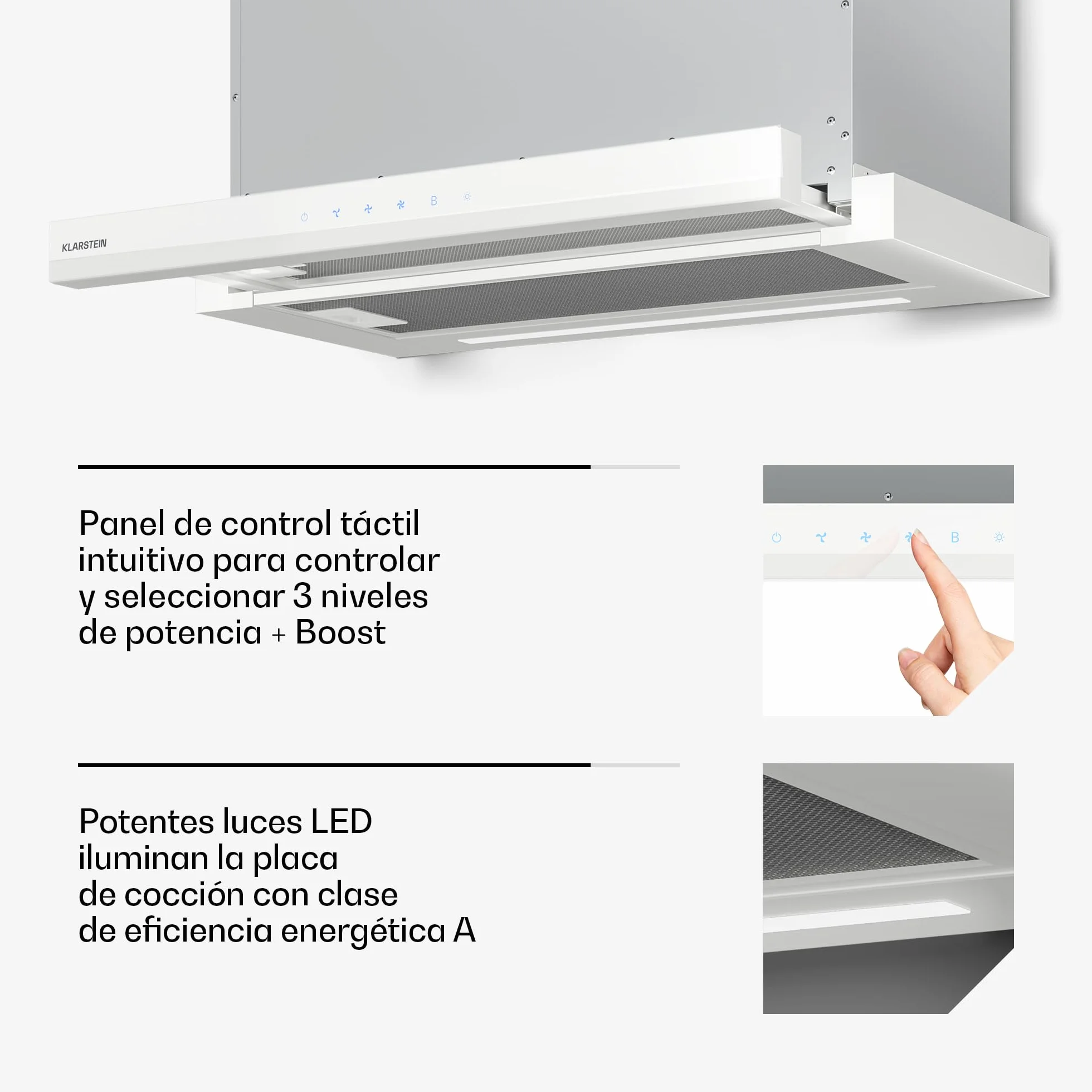 Klarstein Velaire Campana Extractora Integrada 60cm 896 m³/h Clase A++ Motor Silencioso Control Táctil LED Blanco