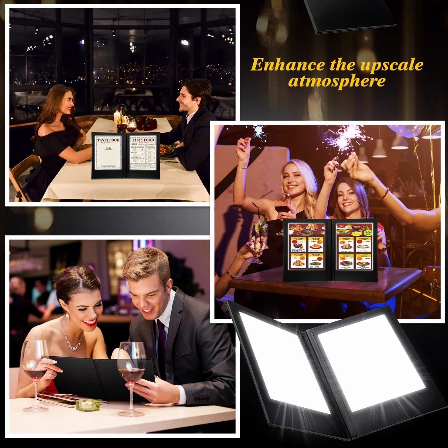 Cubiertas de menú LED de 8 x 10.5 pulgadas, luz retroiluminada LED, soporte de menú de doble panel, carpeta de piel sintética, se adapta a papel para restaurante, hotel, club, bar, vino