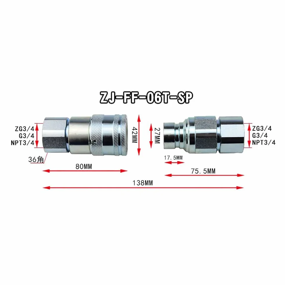 Acoplamientos hidráulicos de liberación rápida de cara plana BSP conector de acoplamiento de liberación rápida (G3/4 rosca macho + rosca hembra)