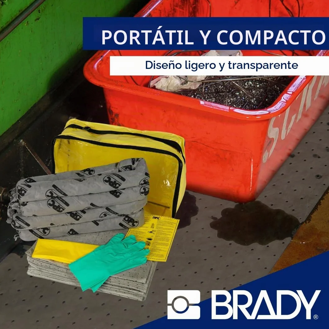 SPC® by Brady Kit Anticontaminación Universal – Kit Portátil para Derrames de Aceites, Agua, Solventes y Refrigerantes, Incluye 25 Almohadillas Absorbentes, 4 Calcetines, Guantes y Bolsa para Desechos
