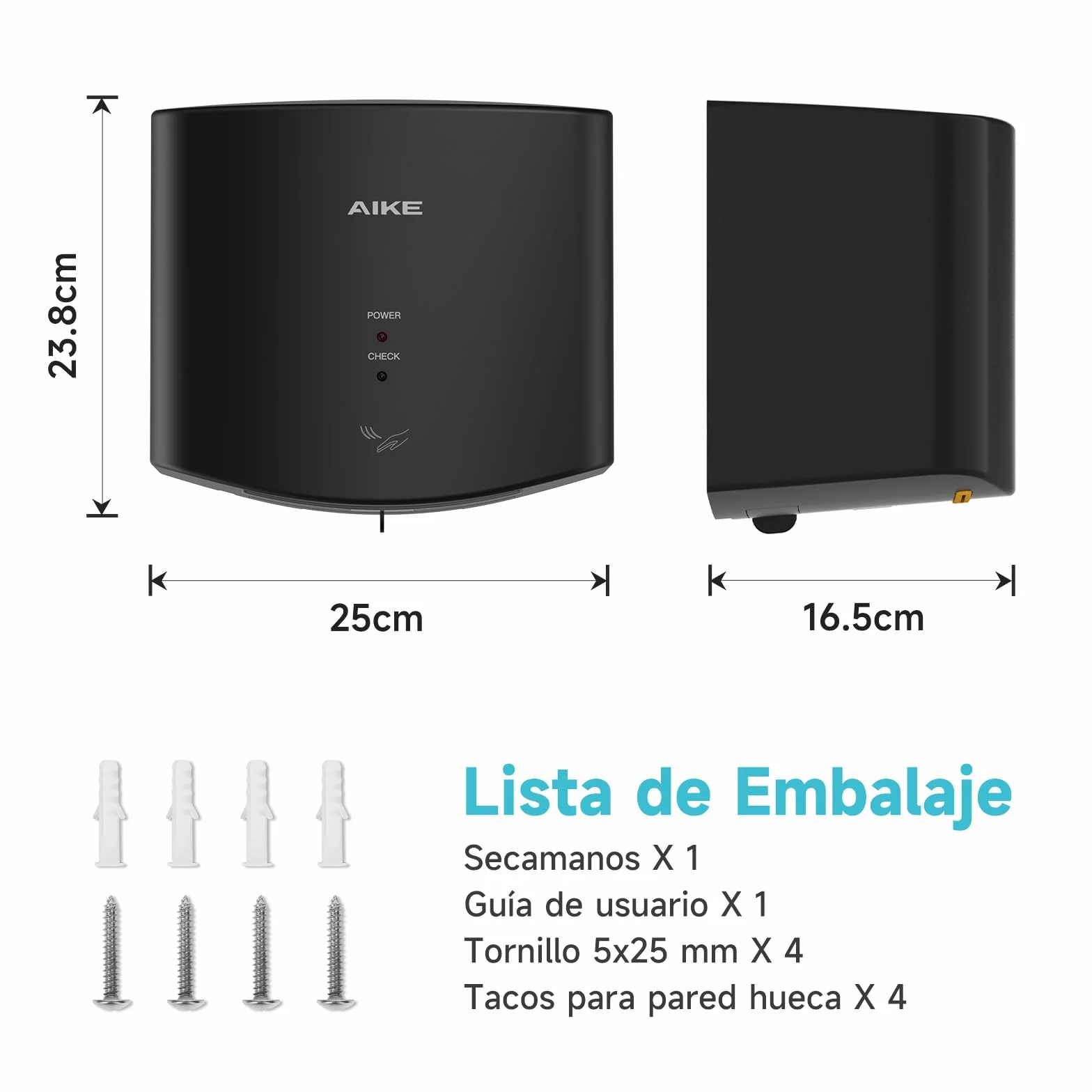 AIKE Secamanos Compacto 1400W 220V Secado de Alta Velocidad Sin Papel Sin Contacto AK2630S Negro