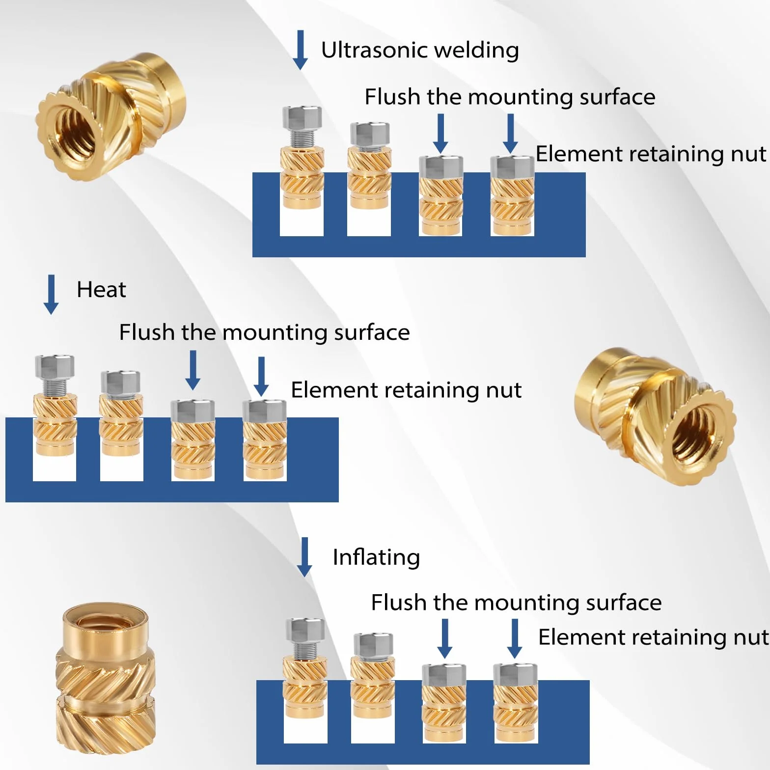 Inserto roscado M3, tuercas de apriete, latón, 120 unidades, M3 x 5 x 4 mm, para plásticos por calor o ultrasonido