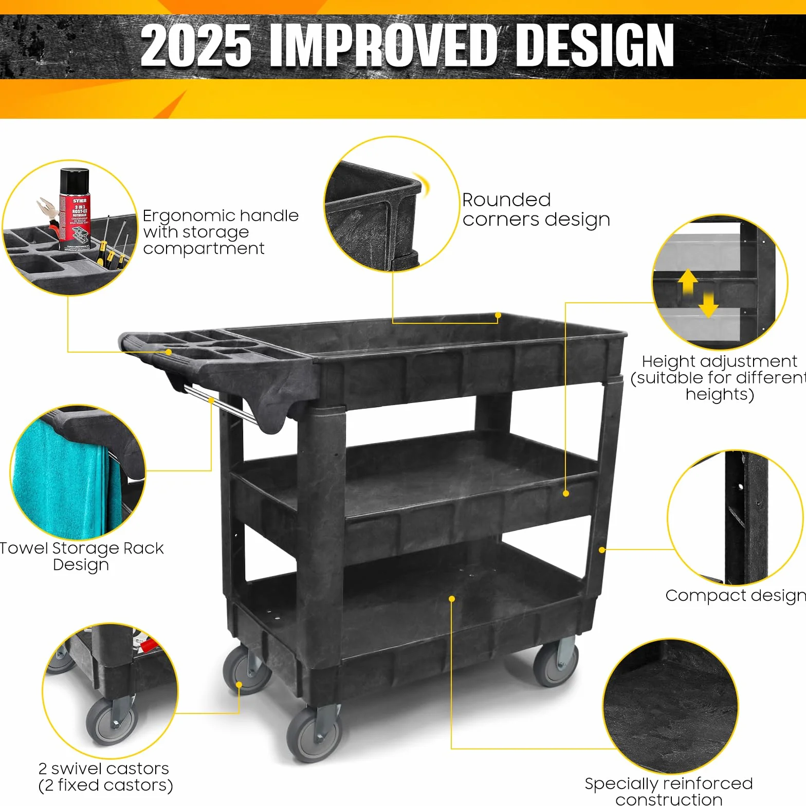 Carro de Taller de 3 Niveles (103×44×85 cm), Capacidad 250 kg – estantes Ajustables, Ruedas giratorias y Mango con Compartimentos – mazo de Goma Incluido