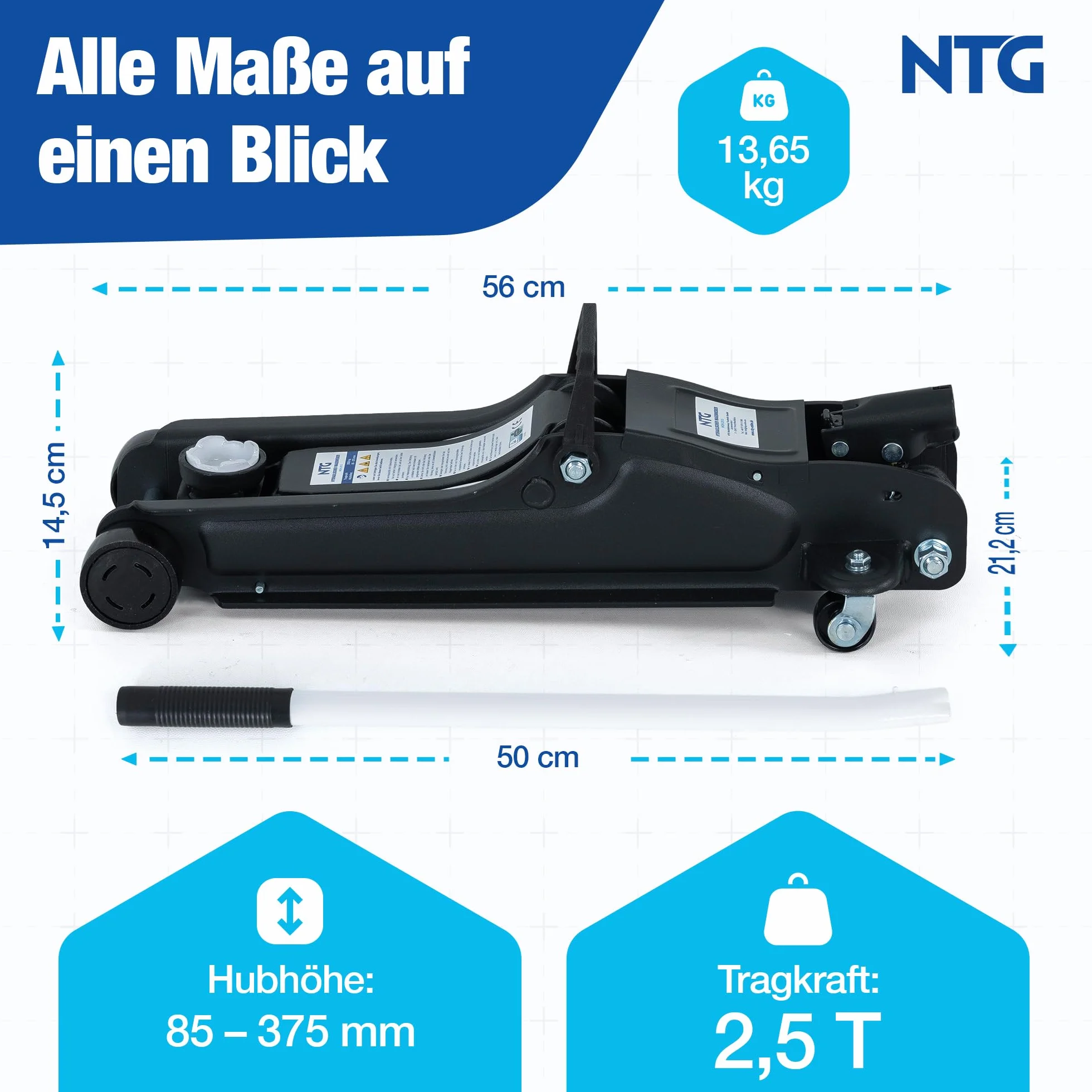 Gato hidráulico 2,5T certificado TÜV (85-375 mm altura de elevación) – Gato hidráulico profesional plano para coches bajos, elevador NTG (+ revestimiento de goma con ranura)