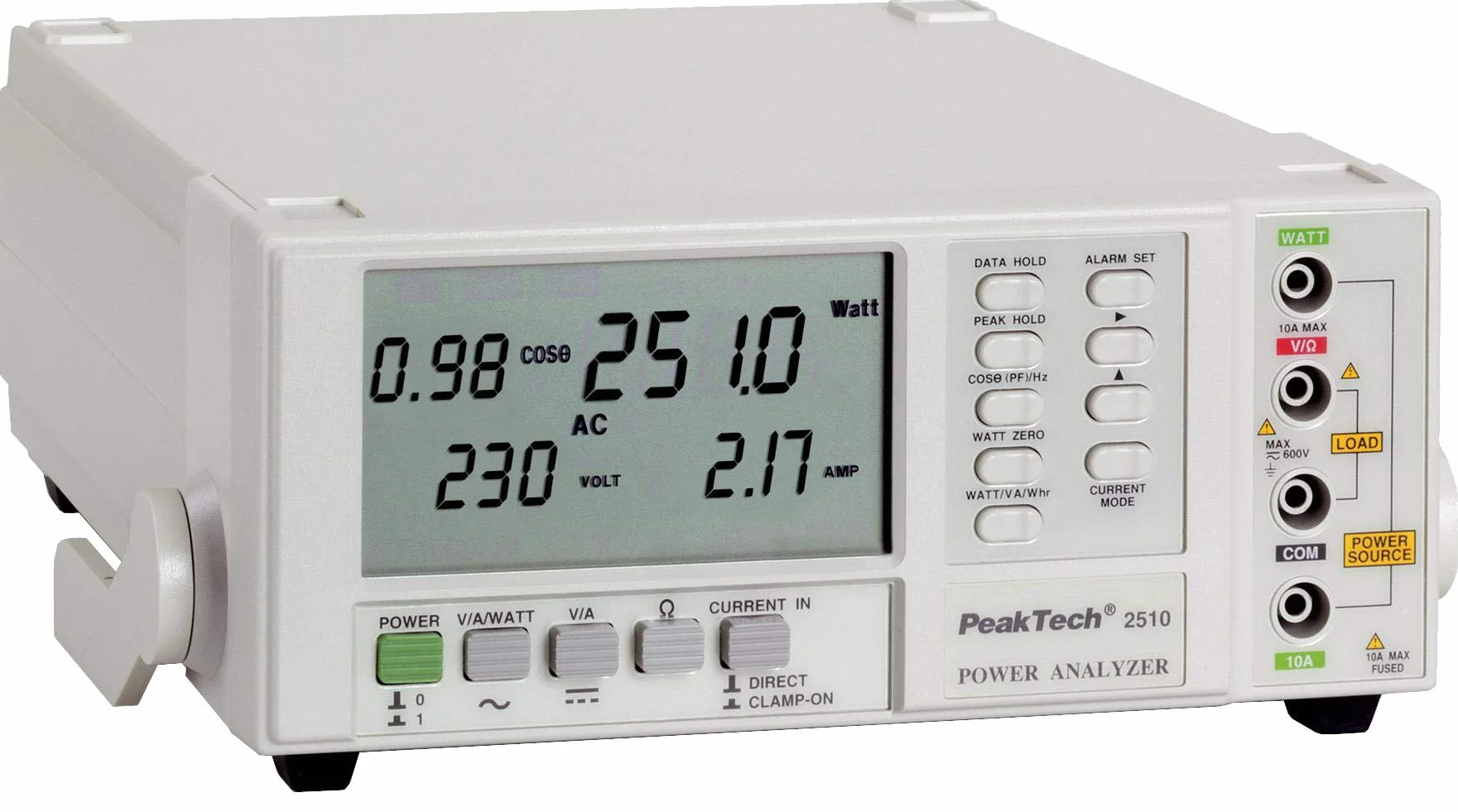 PeakTech, 2510 Analizador de potencia, vatímetro, amperímetro Analizador de potencia de 1 fase hasta 1000 kW, pantalla hasta 10000 kWh con RS-232, cos phi, frecuencia, resistencia
