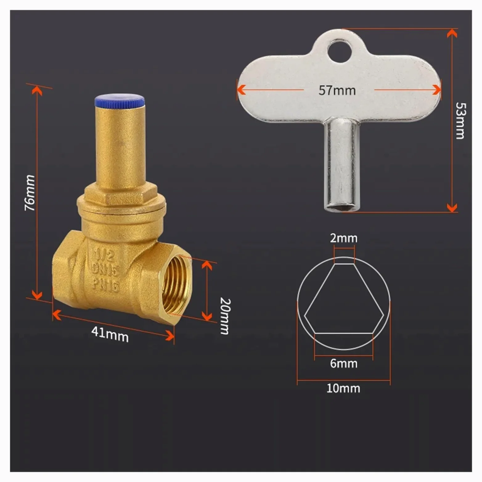 Válvula De Esfera Válvula de compuerta latón DN15 DN20 DN25 con cerradura dentro la llave triangular for tubería agua, medidor, válvula bloqueo antirrobo frontal(1-1/2")
