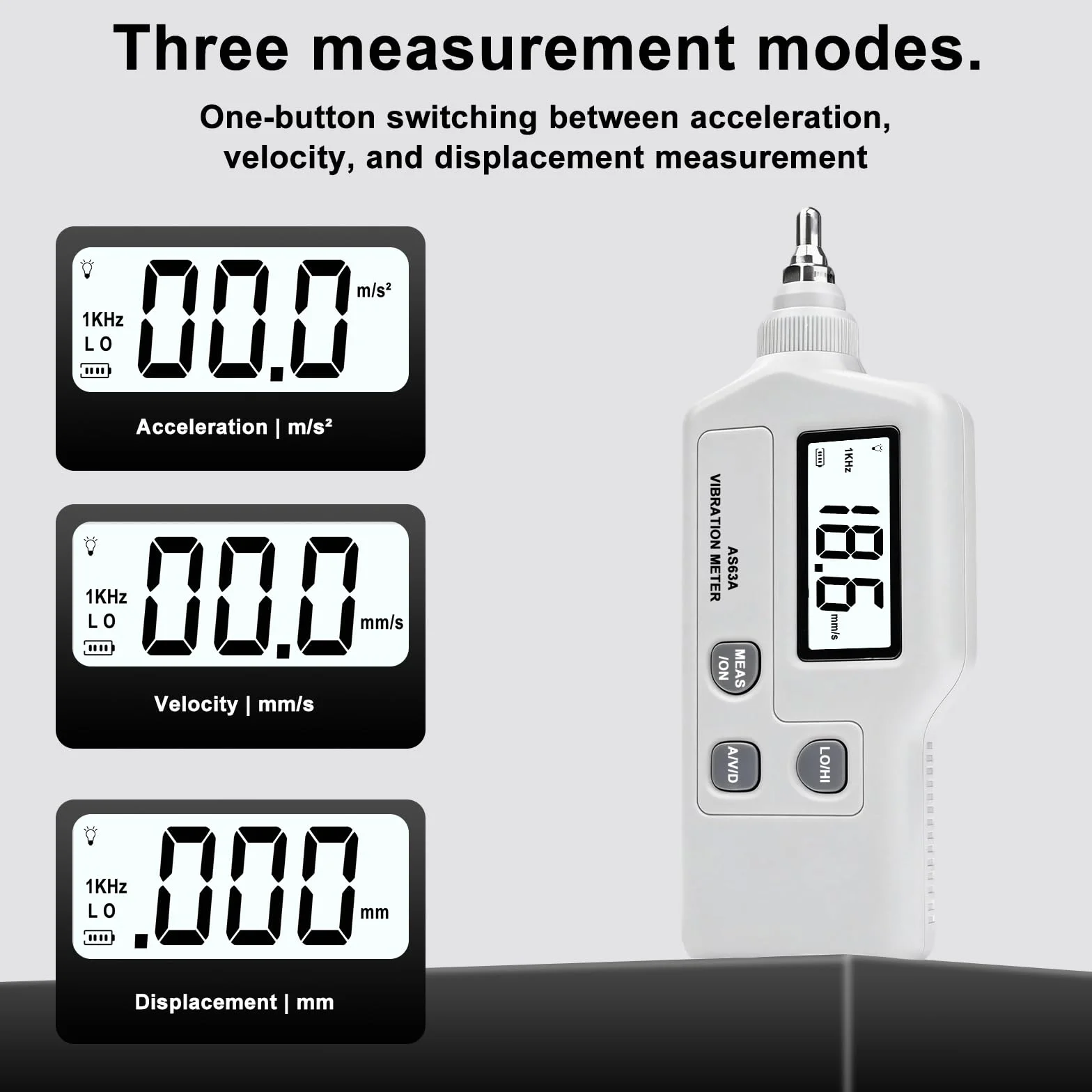 AS63A Medidor de Vibraciones, Medidor Digital de Vibracion,Analizador de Vibraciones con pantalla LCD Medición de aceleración,velocidad y desplazamiento,para Industria,Construcción,Automoción