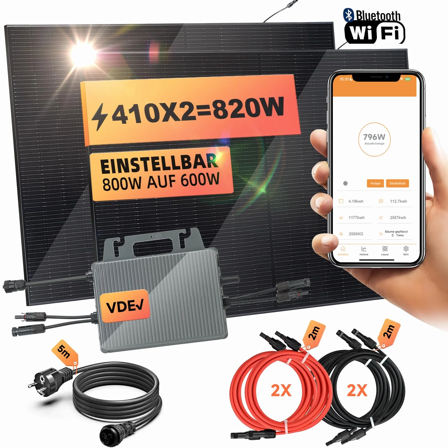 Panel solar "plug and play" (enchufar y listo) de 800 W, completo, de 1000 W, kit solar de autocensuro, 2 paneles solares de 405 W, 1 inversor de 600/800 W, 1 cable de 5 m, monitorización wifi