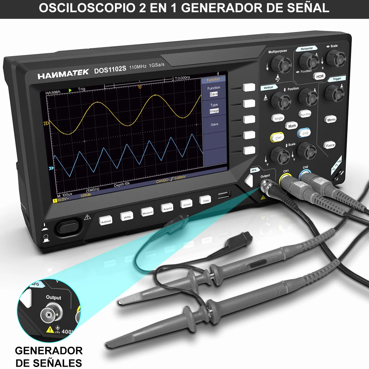 HANMATEK 2 en 1 Osciloscopio Digital Generador de señal DDS DOS1102S con Ancho de Banda de 110 mhz, 2 Canales y Pantalla TFT-LCD, Frecuencia de Muestreo de 500 MS/s *2