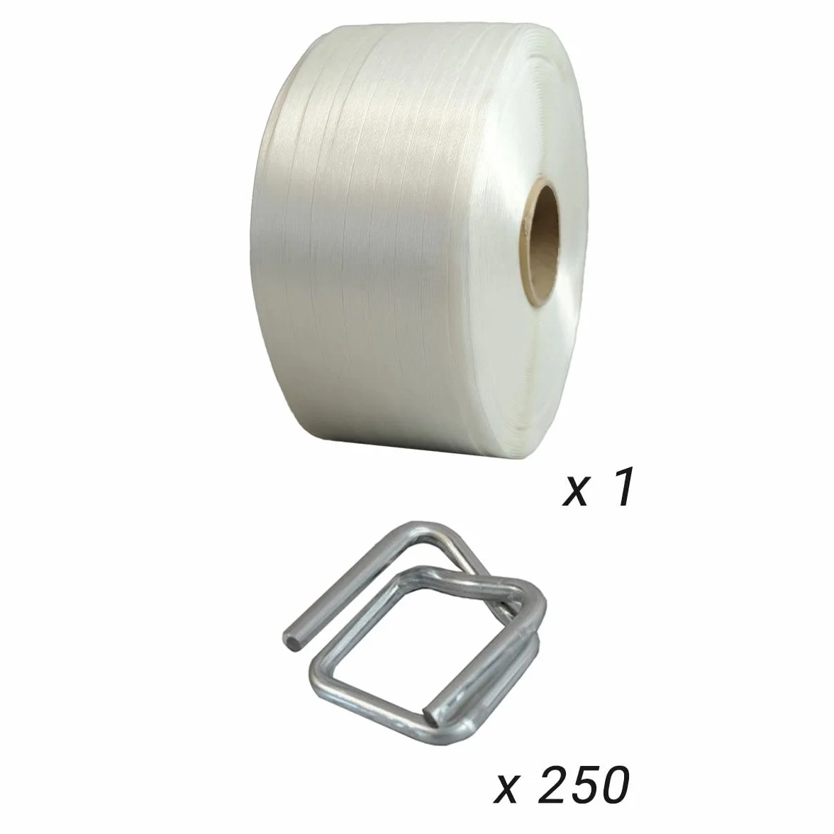 Pack 1 Fleje hilo a hilo 16 mm x 850 m + 250 hebillas - Fleje textil de alta resistencia 450kg - TECPLAST PFF1