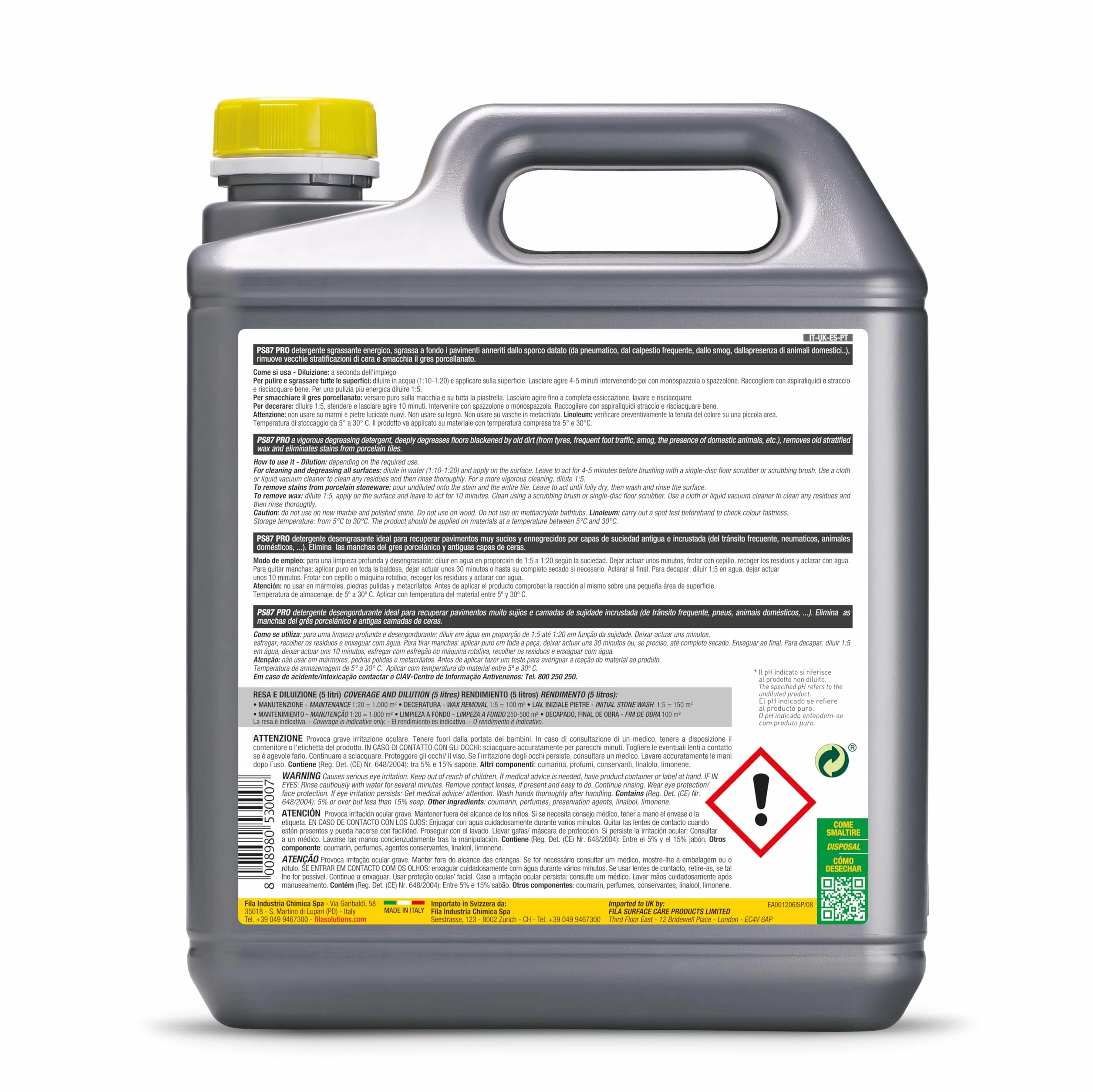 PS87 PRO, Detergente, Desengrasante y Decapante para Limpieza Profesional de pavimentos, Quitamanchas para Gres, Cemento, Piedra y aglomerados no pulidos y Elimina ceras de base de agua, 1L