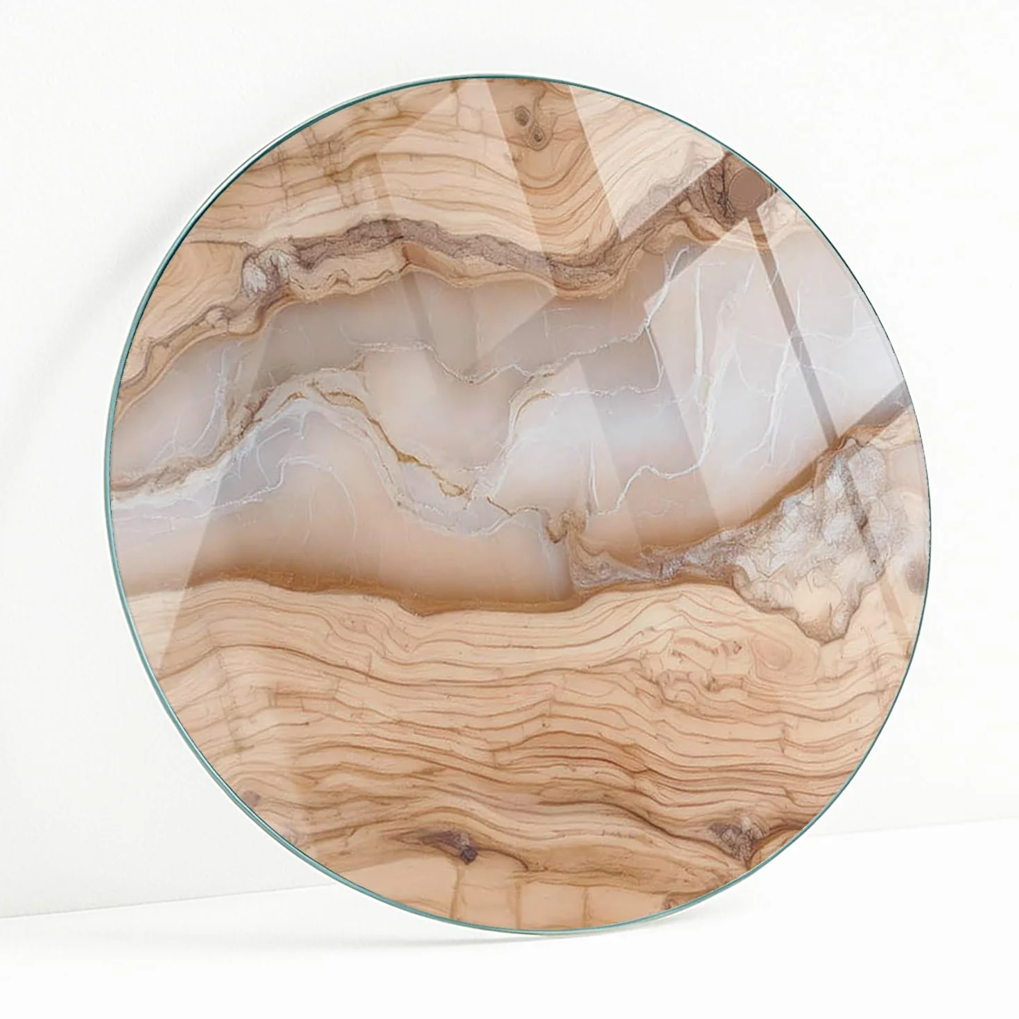 Tablero De Cristal Redondo para Mesa Ø 80 cm | Placa De Seguridad | Topes Antideslizantes | Instalación Rápida | Bordes Pulidos | para Salón y Comedor | Diseño Moderno - Madera Natural con Resina