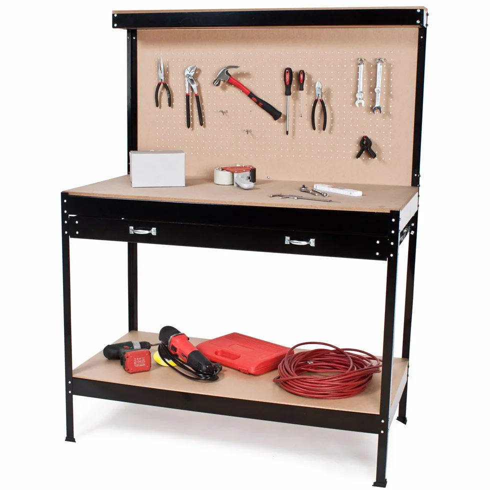 tectake Banco de Trabajo Mesa de Taller 12 Ganchos Panel Herramientas Cajón Grande 120x60x156 cm