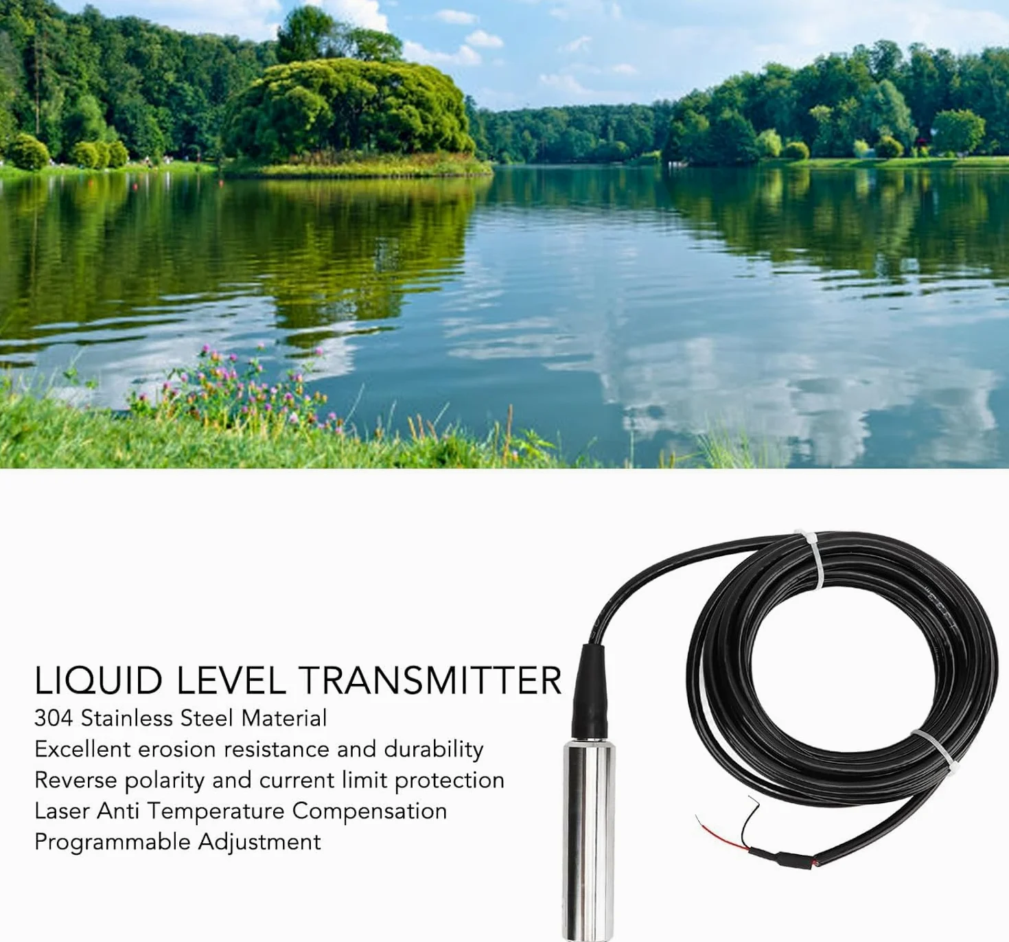 Sensor de detección líquido, nivel agua, IP68 Salida 4-20MA fluido 24 V CC Acero inoxidable 304 programable con cable 5 m for conexión alimentación(0 4 m Range)