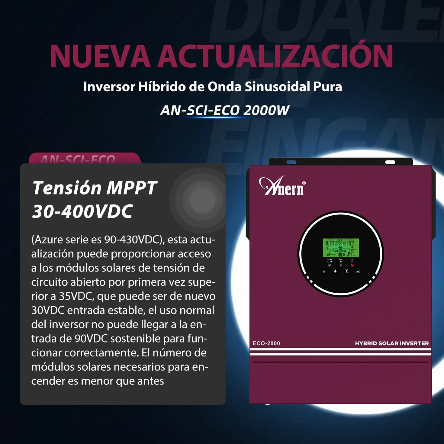 Anern 2KW Inversor Solar Híbrido 12V DC a 230V AC Inversor híbrido Fuera de la Red Com 80A MPPT Controlador Solar Entrada PV Máx.400V Funciona con Baterías de Plomo y Litio