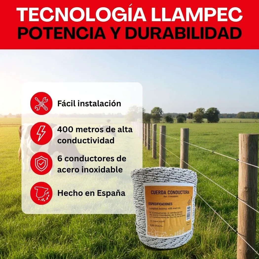 Llampec Cuerda Pastor Eléctrico, 400m x 4mm, 6+3 Conductores Acero Inoxidable y Cobre, Alta Conductividad, Resistente UV, para Cercas de Caballos, Vacas y Perros, Bobina Profesional