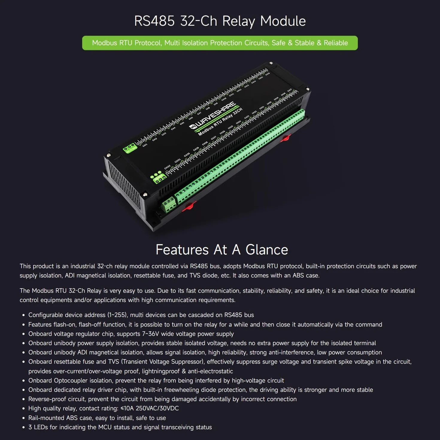 Waveshare Modbus RTU 32-Ch Relay Module, RS485 Interface, with Multiple Isolation Protection Circuits, Mainly Used for Industrial Control, Smart Home, Smart Agriculture, Breeding & Farming