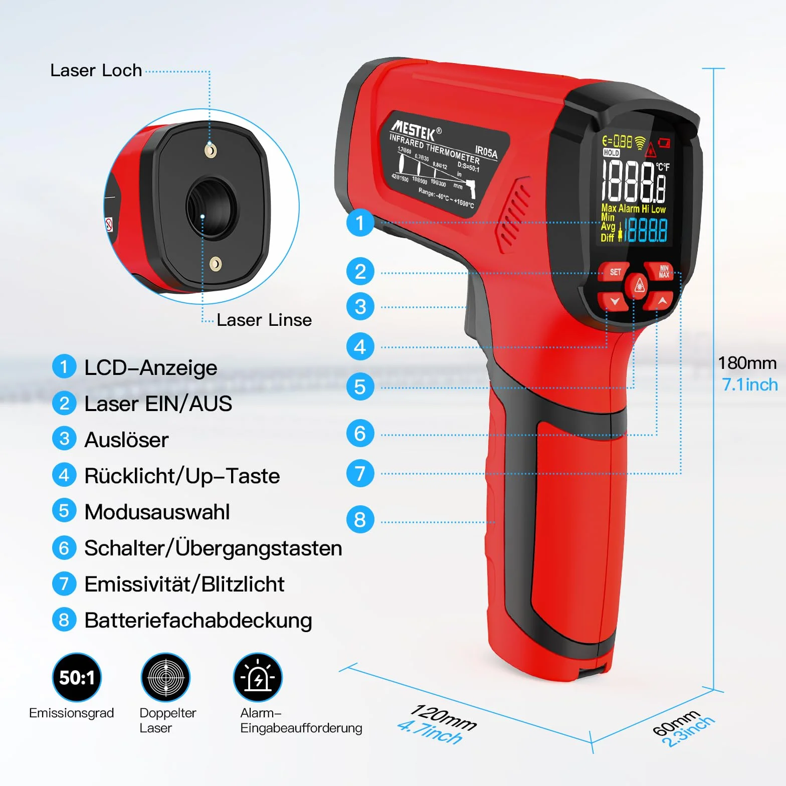 MESTEK Termómetro Infrarrojo Láser -40℃~1600℃ Pistola de Temperatura Sin Contacto Pantalla LCD a Color Ajuste Emisividad