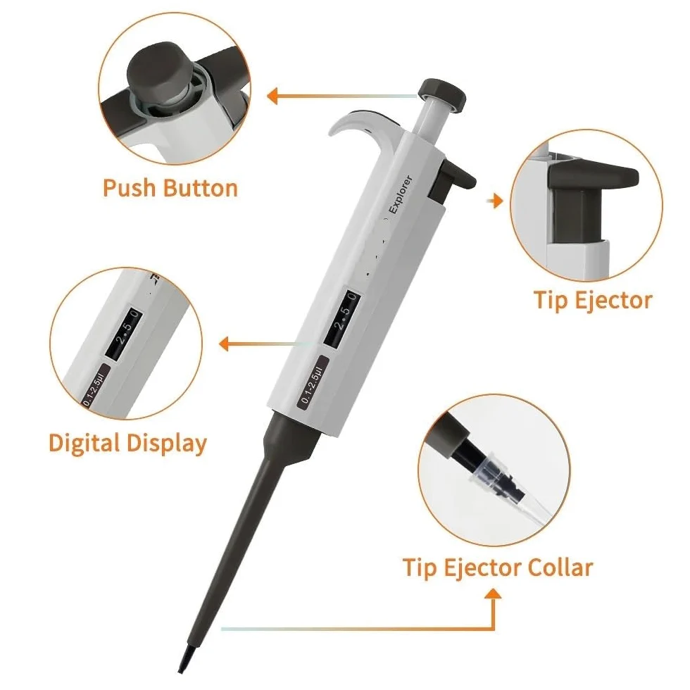 Pipeta de laboratorio ajustable un solo canal, micropipeta digital, pipeta volumen variable alta precisión, equipo(20-200ul)