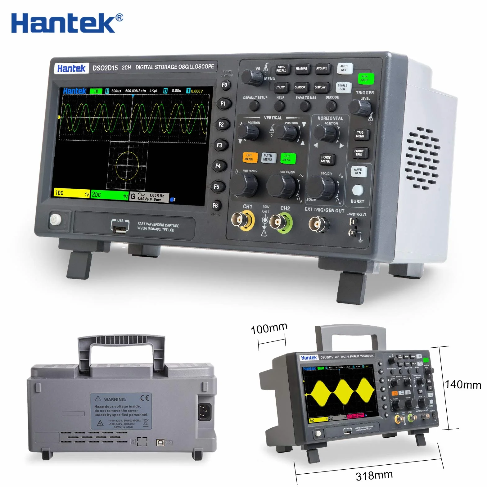 Hantek DSO2D15 Digital Osciloscopio 2 canales 1GSa/S Almacenamiento Osciloscopio 150 MHZ Banda ancha Mano