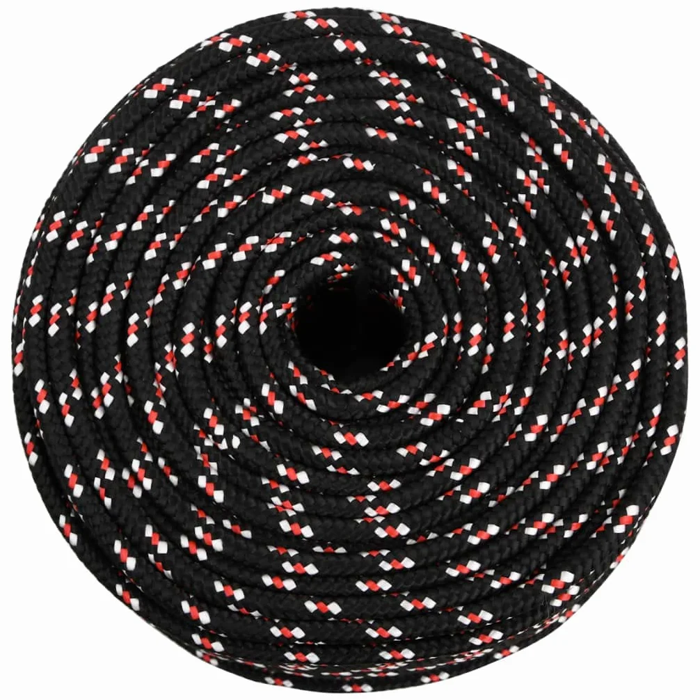 Cuerda de polipropileno negro de 10 mm de grosor, 25 m de longitud, 43 g por m, 645 kg de resistencia a la rotura, resistente a la intemperie para vela, barco, camping, fijación y seguridad