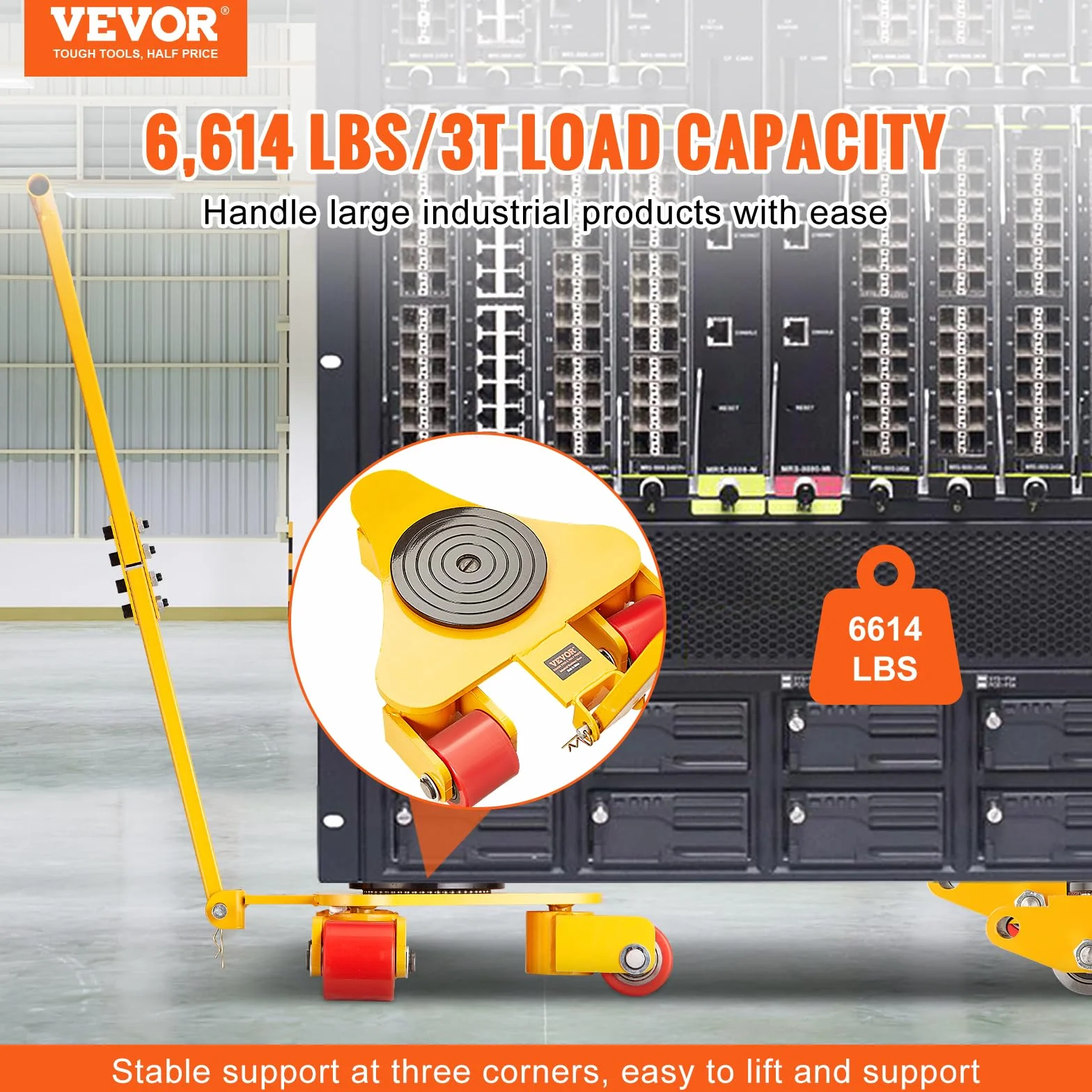 VEVOR Plataforma de Transporte de Muebles de Acero al Carbono, 3 Ruedas Giratorias 360° PU, Carga 3 T, Antideslizante