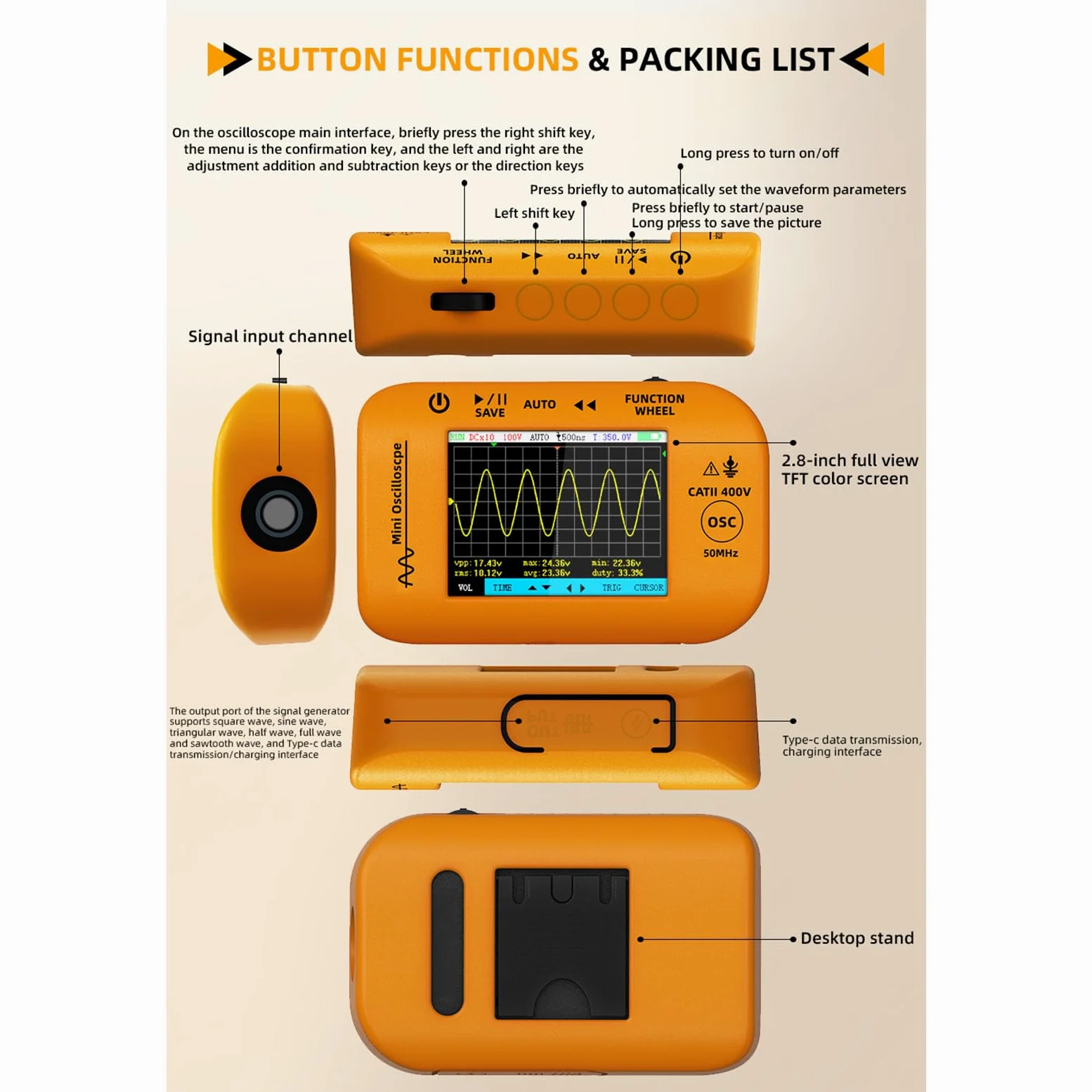 Accuracy 200MSa S - Osciloscopio de muestreo con generador de funciones integradas, funcionamiento simple para reparaciones electrónicas, función matemática, osciloscopio