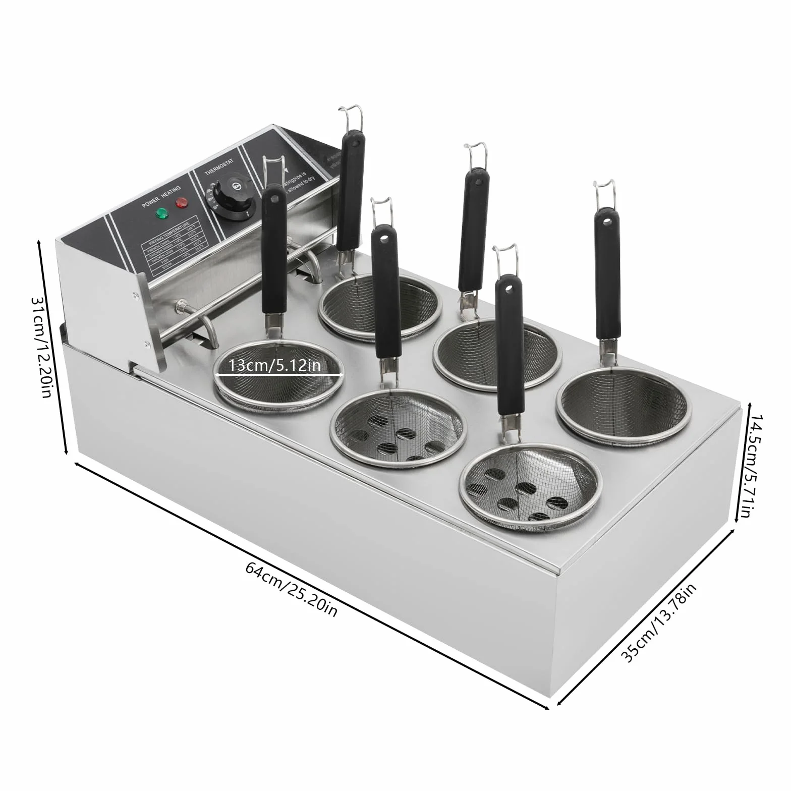 Hervidor de pasta eléctrico, 6 cestas, acero inoxidable, 2000 W, 20 L, calefacción rápida 60 – 200 °C, restaurante merienda, 6 ingredientes paralelos, 64 x 35 x 31 cm