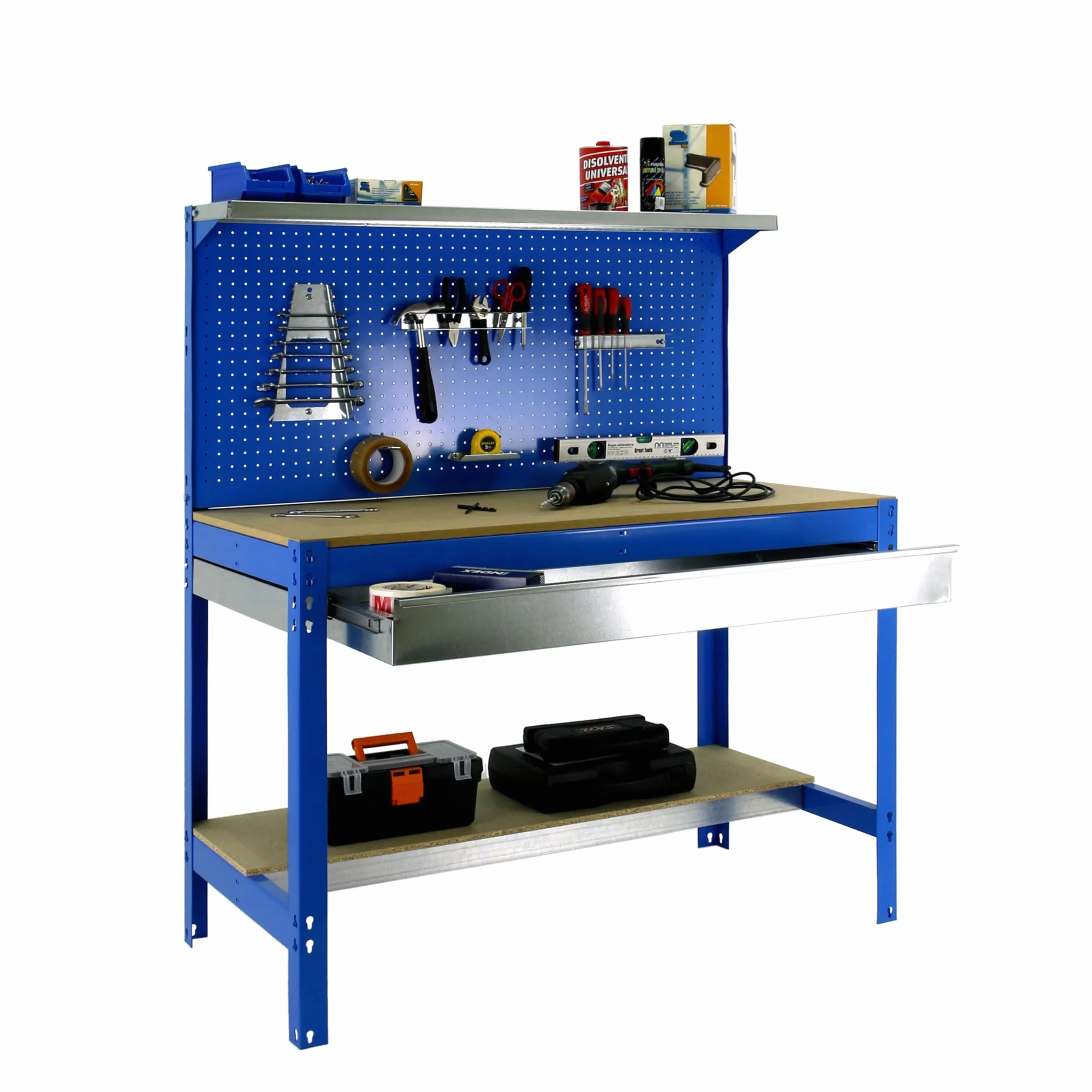 Simon Rack BT3 Banco de Trabajo Taller 600 kg 1445x1210x610 mm Mesa de Trabajo 1 Cajón Azul Madera
