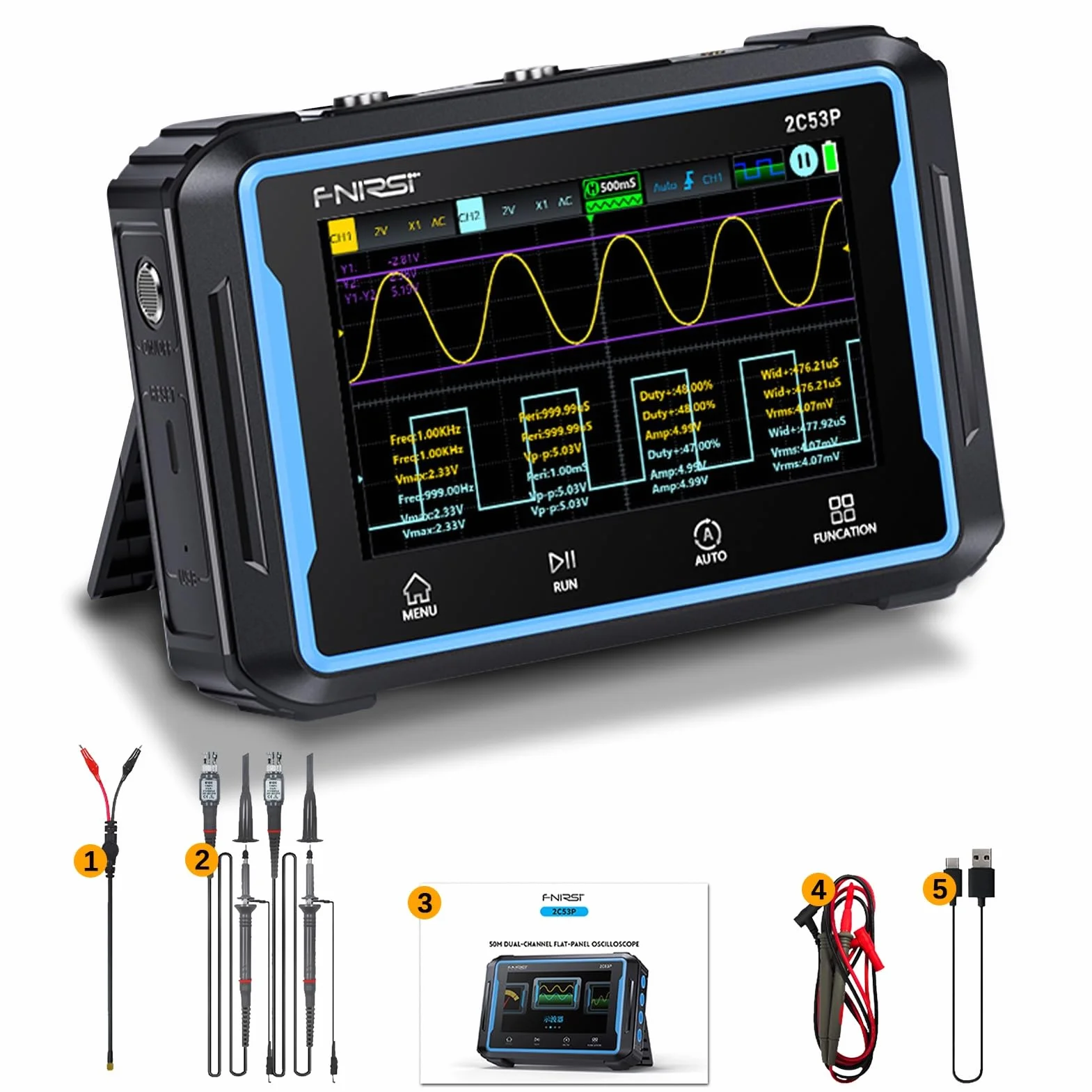 Jadeshay Osciloscopio Digital 2C53P 3 en 1 Osciloscopio Portátil de Tableta con Multímetro y Generador de Señales Doble Canal 50MHz 250MSa/s Pantalla Táctil IPS 4,3 Pulgadas
