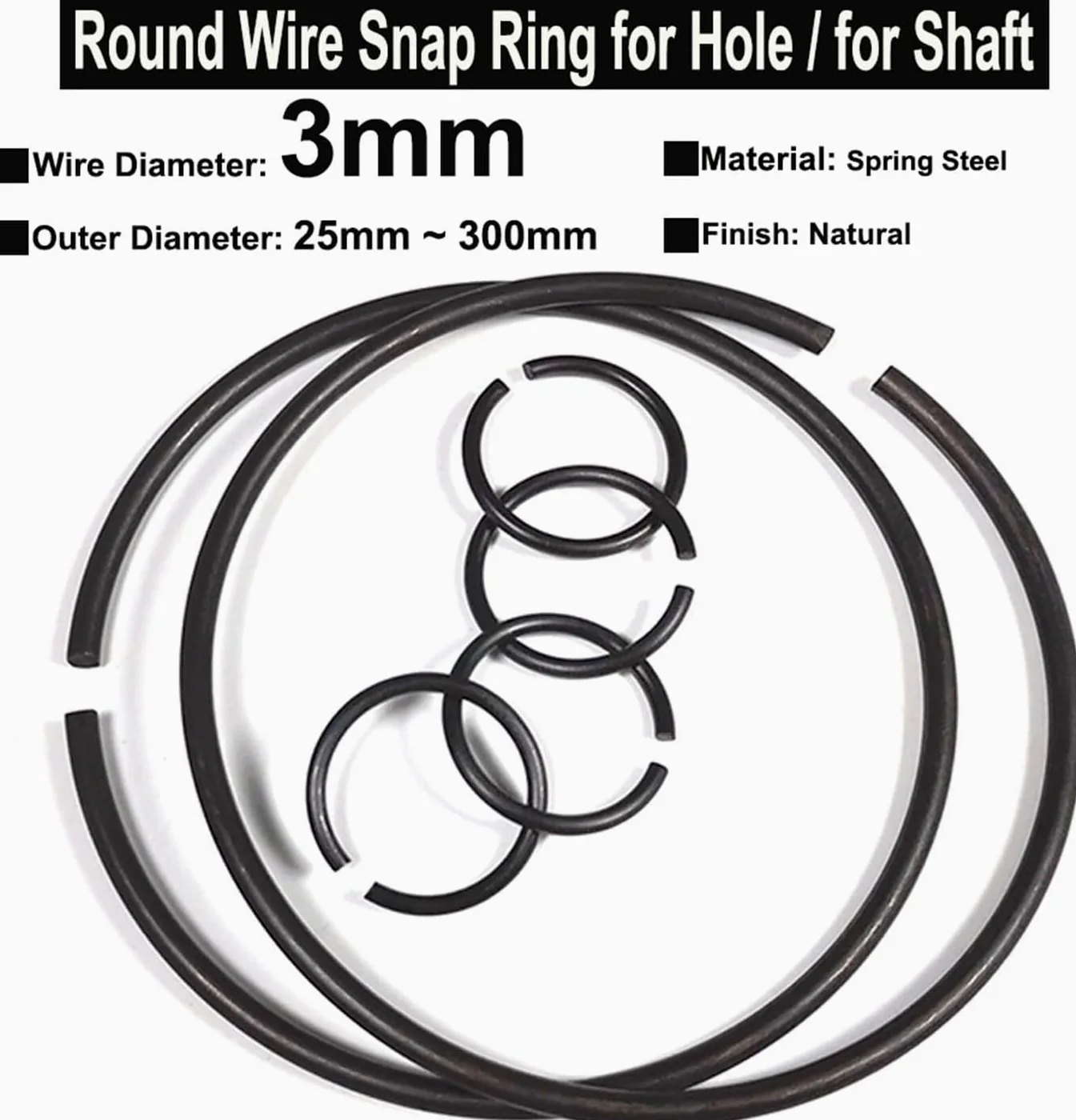 Líneas redondeadas en forma de C, anillo de cierre Anillos elásticos de alambre redondo de acero for resortes de 3 mm de diámetro for eje y orificio de 25-300 mm (paquete de 5)(3x300x20)