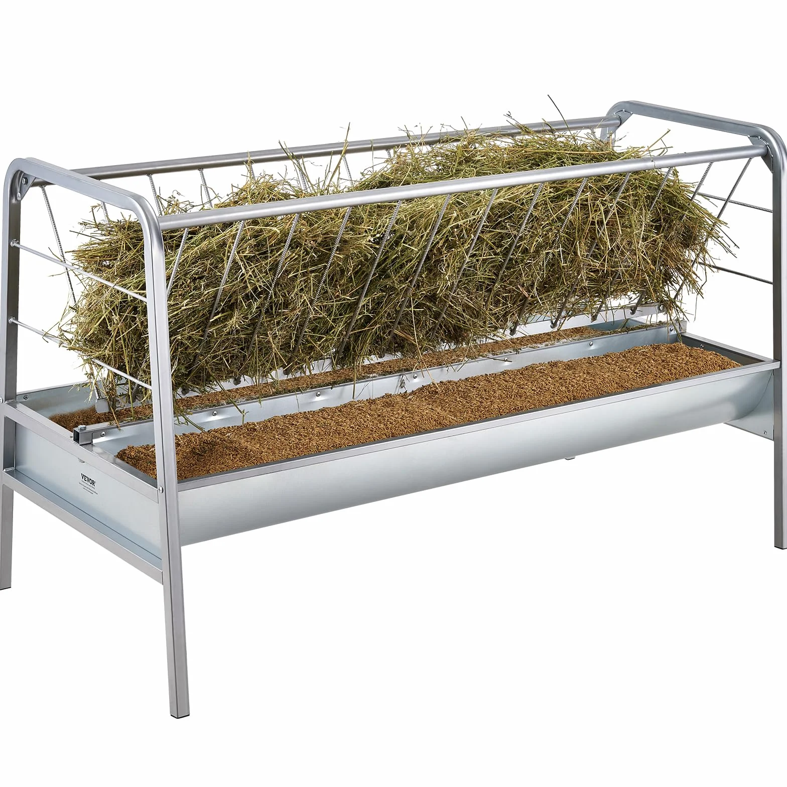 VEVOR Comedero de heno 2 en 1 para ganado, capacidad de 80 galones, alimentador de heno para cabras de 59 pulgadas de largo con bandeja de alimentación más profunda, acero resistente para cobertizos