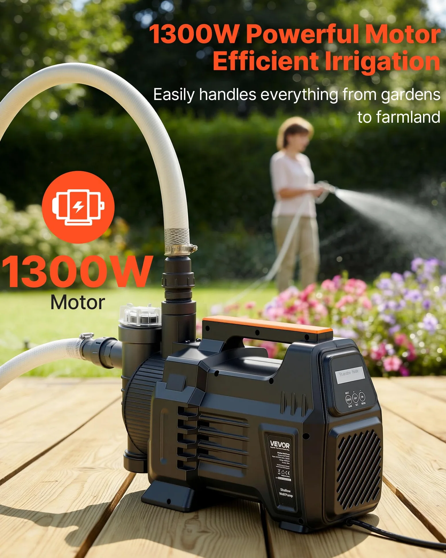 VEVOR Bomba de Chorro Electrónica de PP para Pozos Poco Profundos 1300 W 230 V, Caudal Máximo de 4800 L/h, Altura de Succión de 8 m, Control Electrónico Inteligente, para Riego de Jardines, Césped