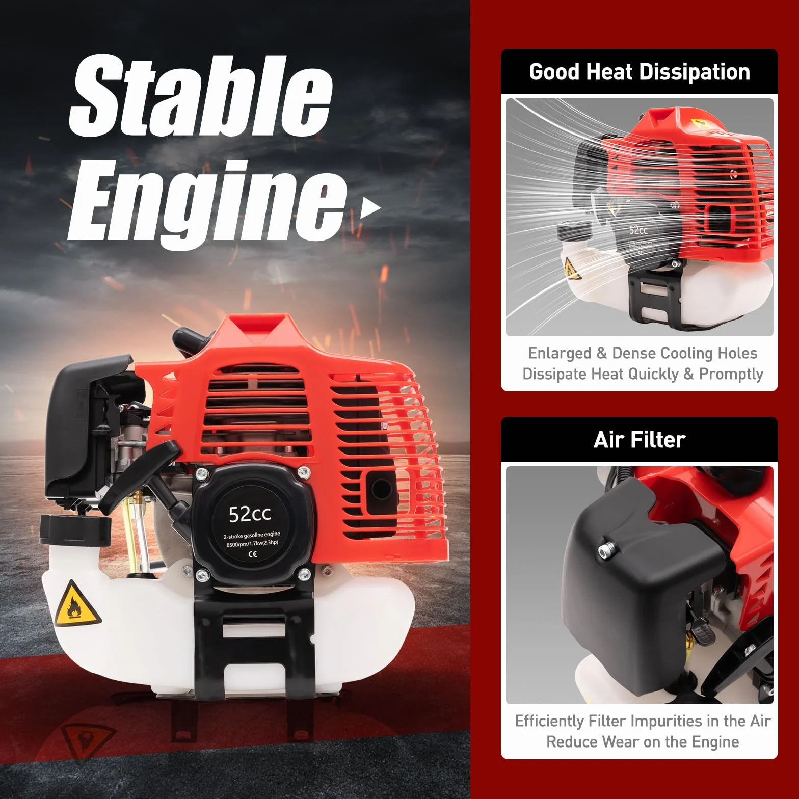 Barredora de gasolina de 1,7 kW, 2,3 CV, 2 tiempos, 52 cc, gasolina, refrigerado por aire, con correa trasera, escoba quitanieves, escoba quitanieves para limpieza de césped, hojas, nieve