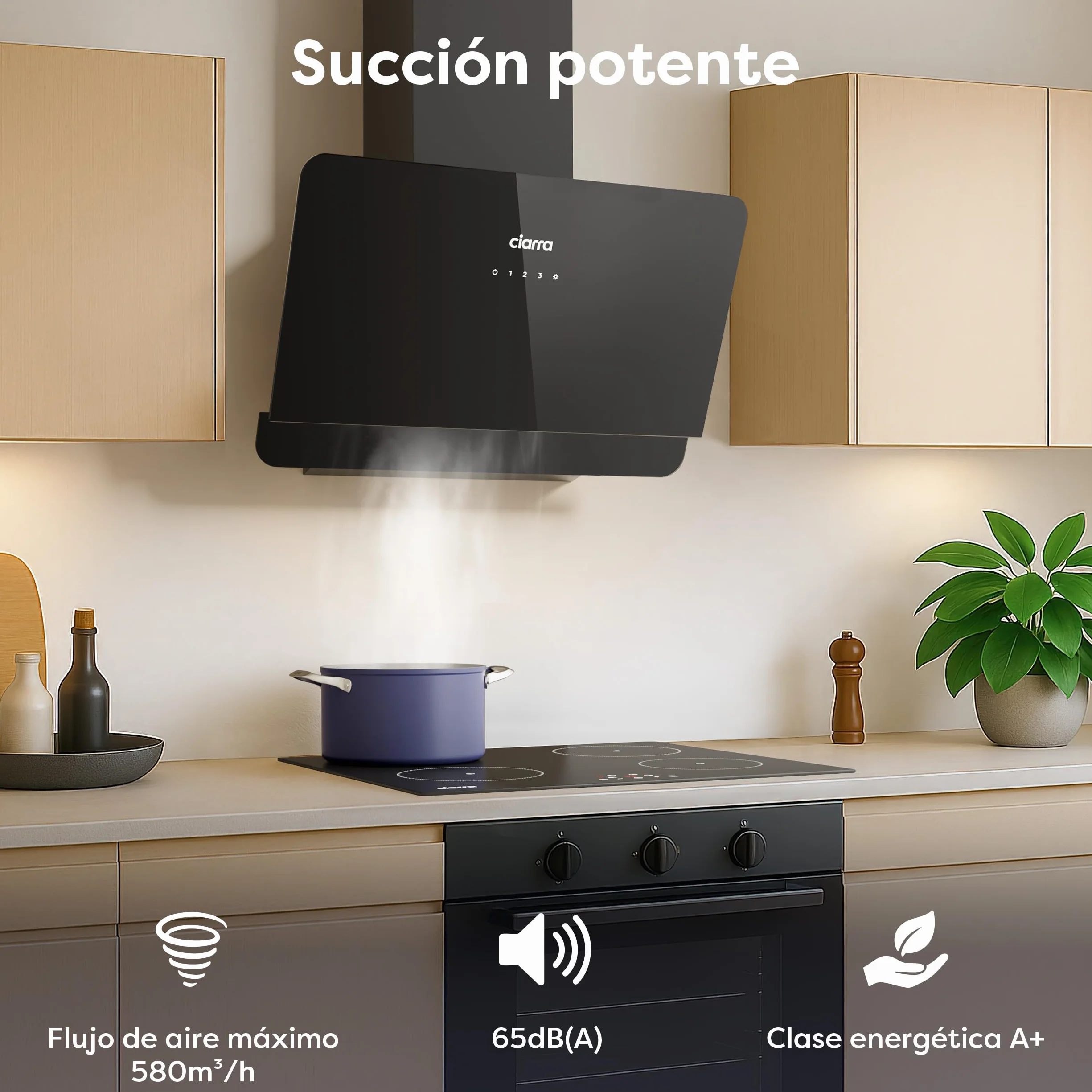 Ciarra CBCB6765C Campana de Pared Inclinada 60 cm 580 m³/h Clase A+ Control Táctil Panel de Cristal Negro
