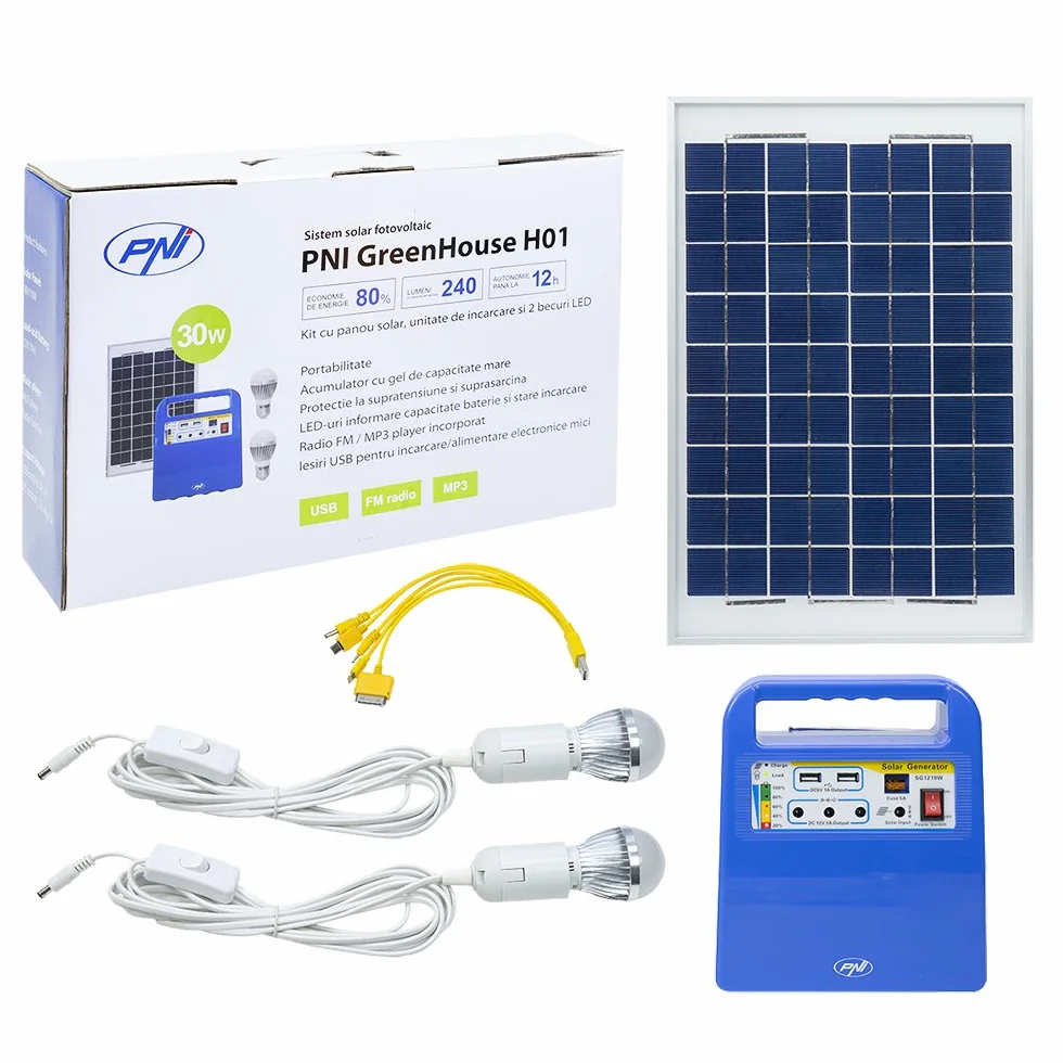 PNI Panel Solar, Sistema de energía Solar portátil, generador de energía Greenhouse H01 30W con batería de 12V / 7Ah, USB/Radio / MP3, 2 Bombillas LED