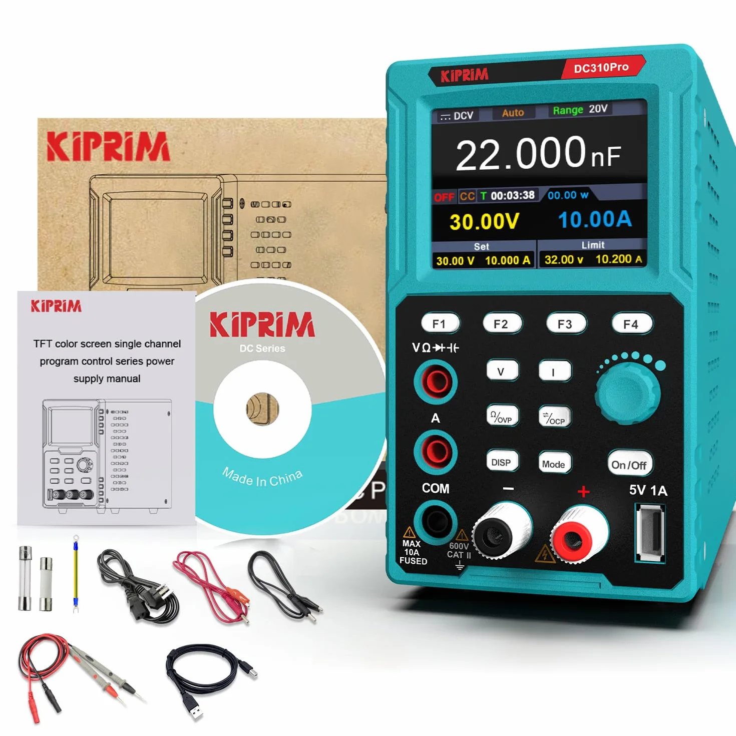 Kiprim 2 en 1 Fuentes de Alimentación de Laboratorio y Multímetro Programable(0-30 V, 0-10 A) Fuentes de Alimentación Regulables DC310Pro con Memoria de Datos, OCP, OVP, Software para PC y Carga USB