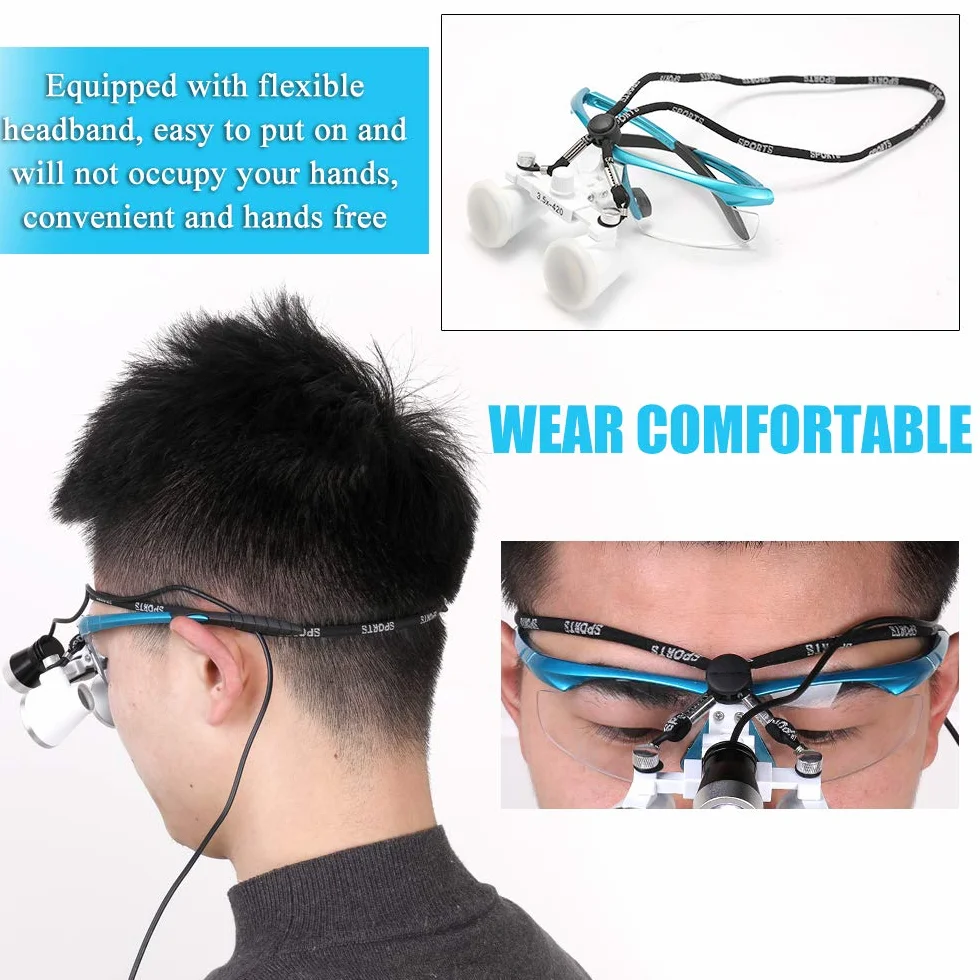 Lupa portátil 3.5X 420mm Quirúrgica Médica Lupas binoculares Auriculares de Vidrio óptico con LED 3W