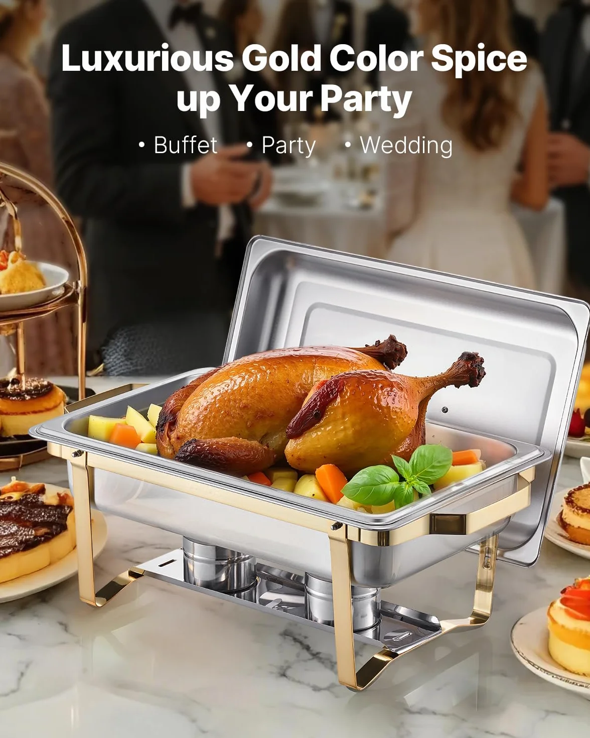 VEVOR Juego de Calentador de Alimentos Acero Inoxidable 2 Cacerolas 7,5L 4 Cacerolas 4L Rectangular Catering Tapa Soporte Dorado