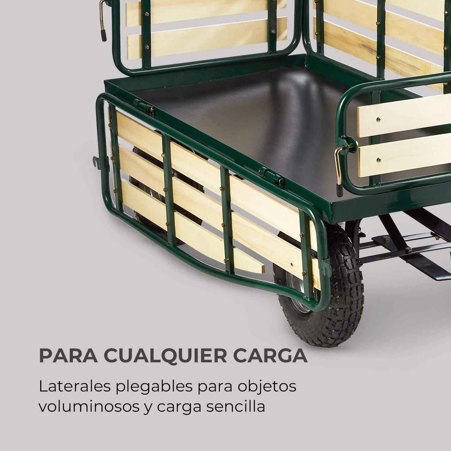 Waldbeck Ventura - Carretilla de Mano, Carro de Transporte de Acero, Gran Superficie de Carga Pesada, Soporta hasta 300kg, Paredes Laterales Plegables, Ruedas Goma, Verde Oscuro