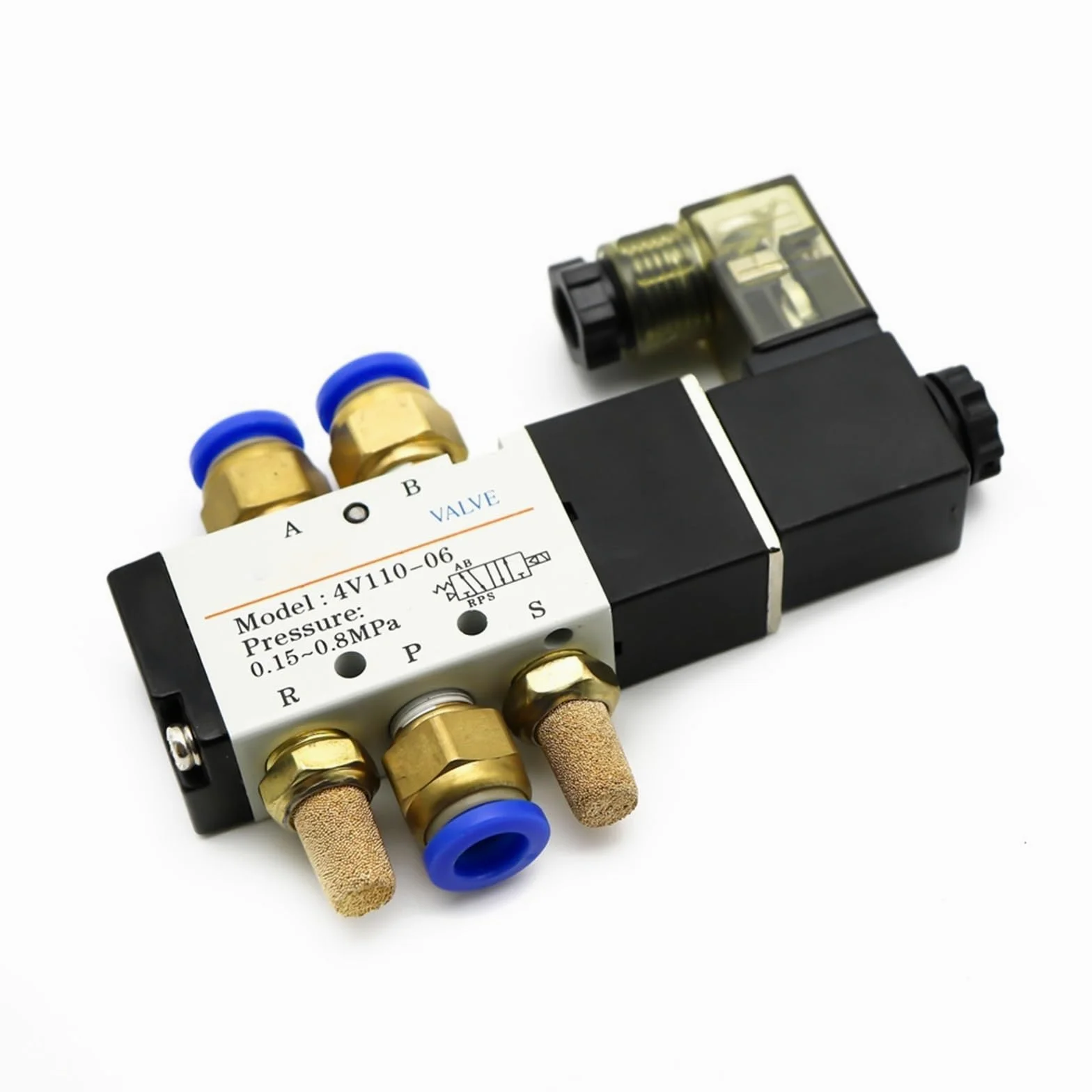 4V110-06 Electroválvula neumática de 1/8 pulgadas Válvula de 5 vías Puerto 2 Posiciones Válvulas magnéticas eléctricas Aire Gas DC12V 24V 110V220V Volt Bobina(LED W 8mm Fittings,DC 12V)
