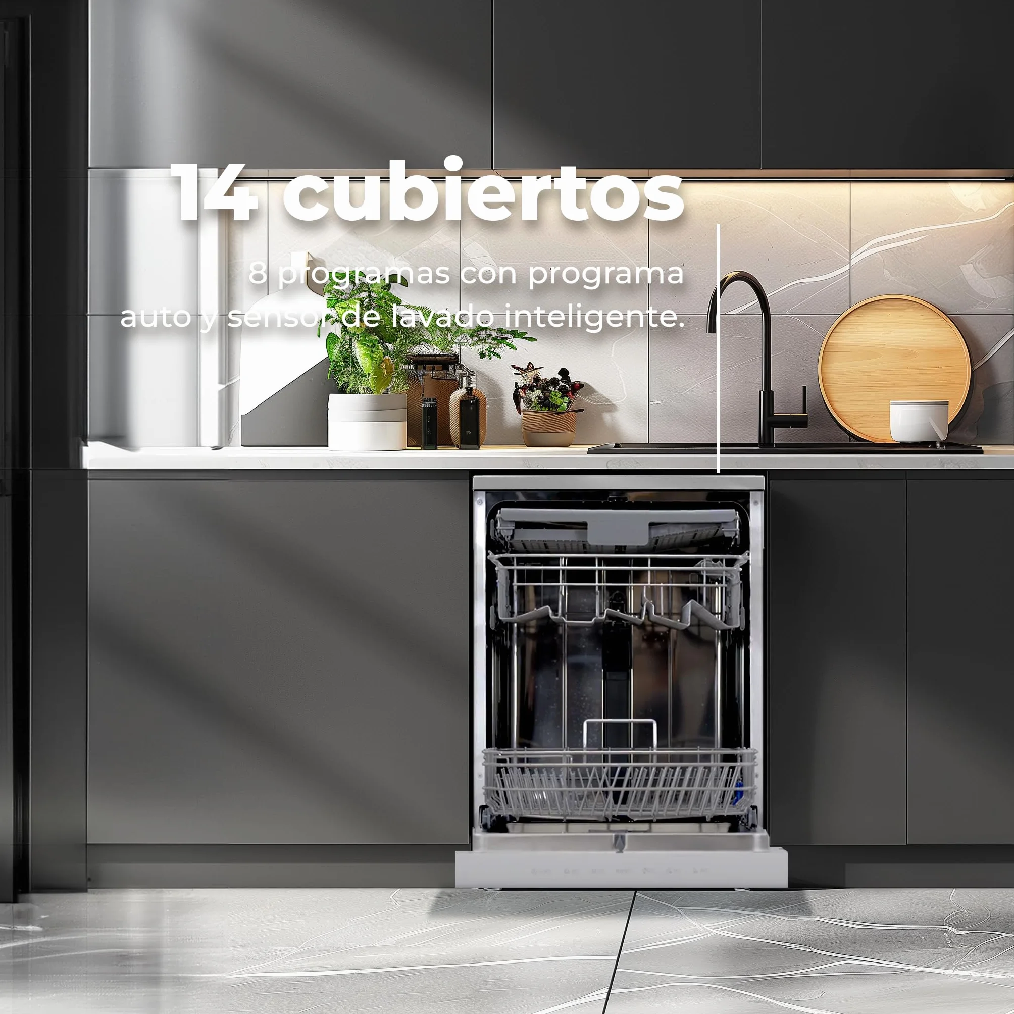 EVVO Lavavajillas 60cm 14 Cubiertos Eficiencia C Programa Media Carga Sensor Inteligente ECO 8 Programas Bandeja Ajustable Inox D3X