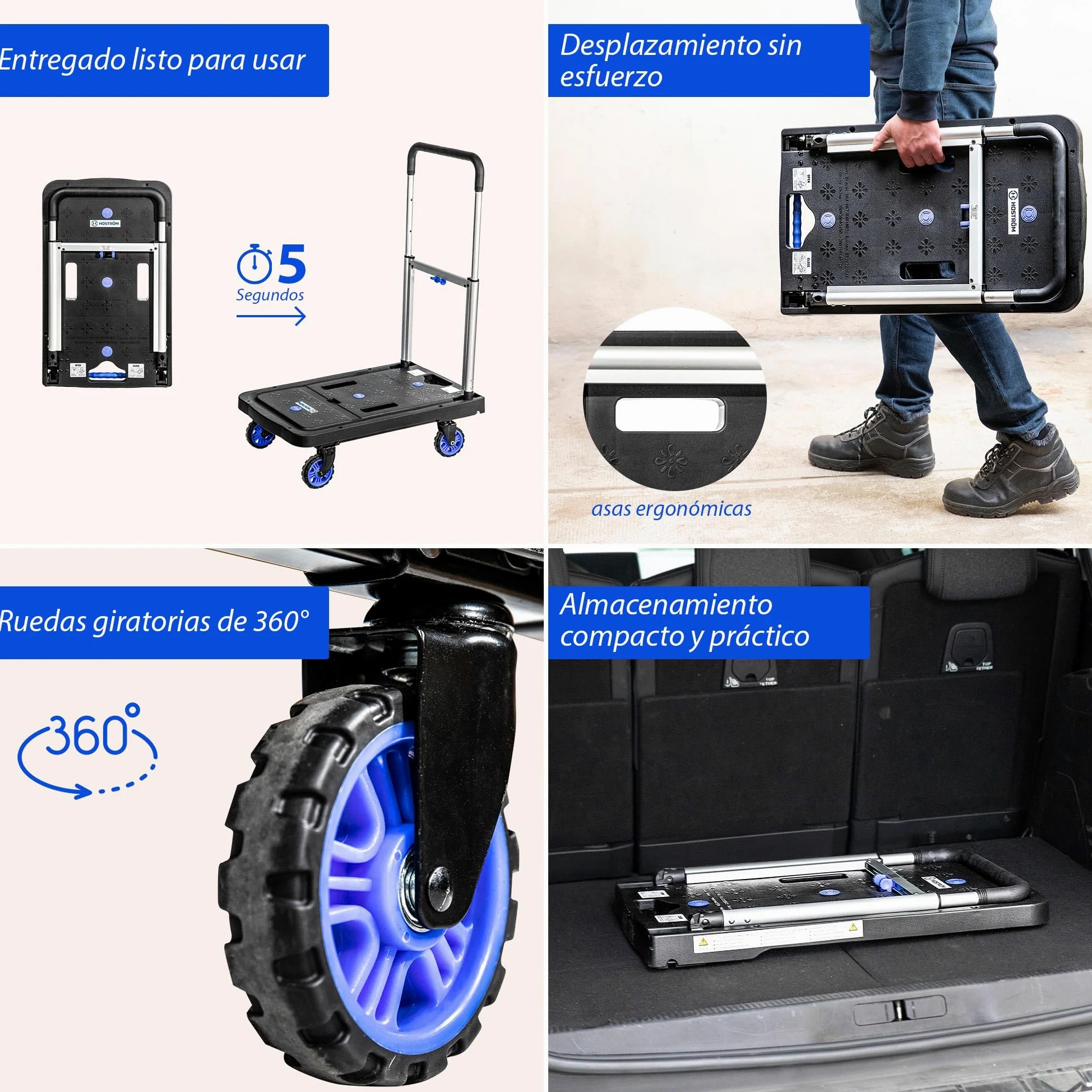 HOSTRÖM Carro con Ruedas, Carro de Almacenamiento Plegable, traslado, Transporte Material, asa telescópica, Carga máx. 137 kg,