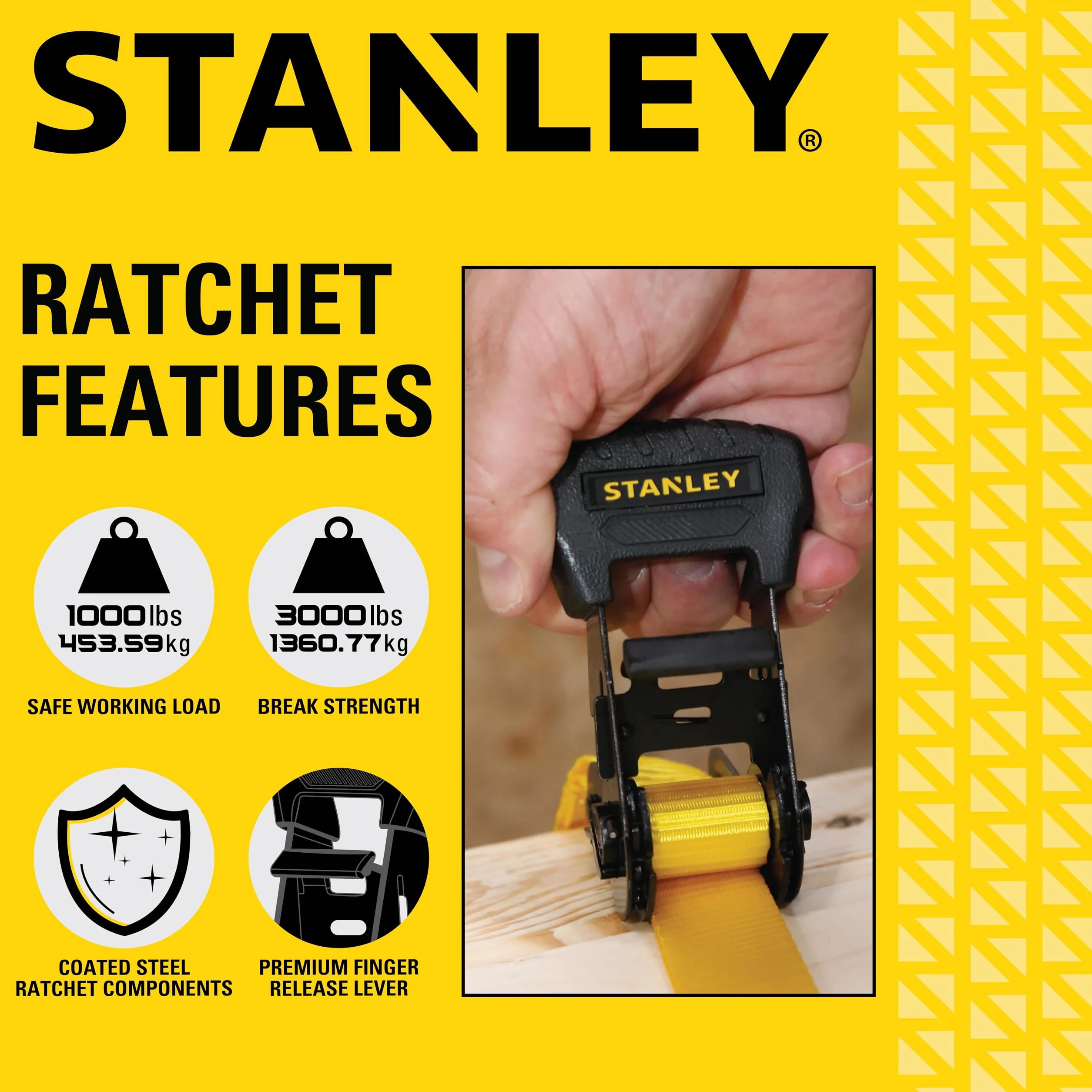 STANLEY S10204 Correas de trinquete preroscadas 1.25 Pulgadas x 16 pies Carga de Trabajo Segura 1 Libra Paquete de 4