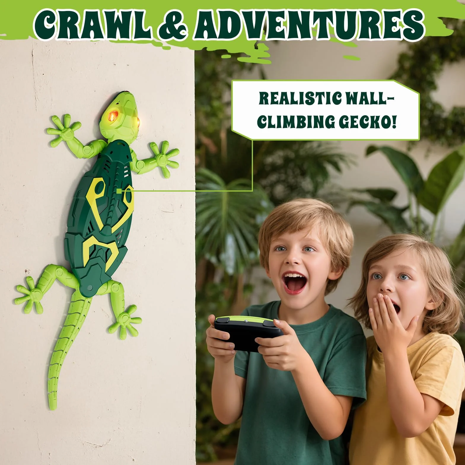 HYES Wall Crawler Gecko, Robot Lagarto Realista con Ojos Luminosos, Juguete Control Remoto para Niños 3-8 Años
