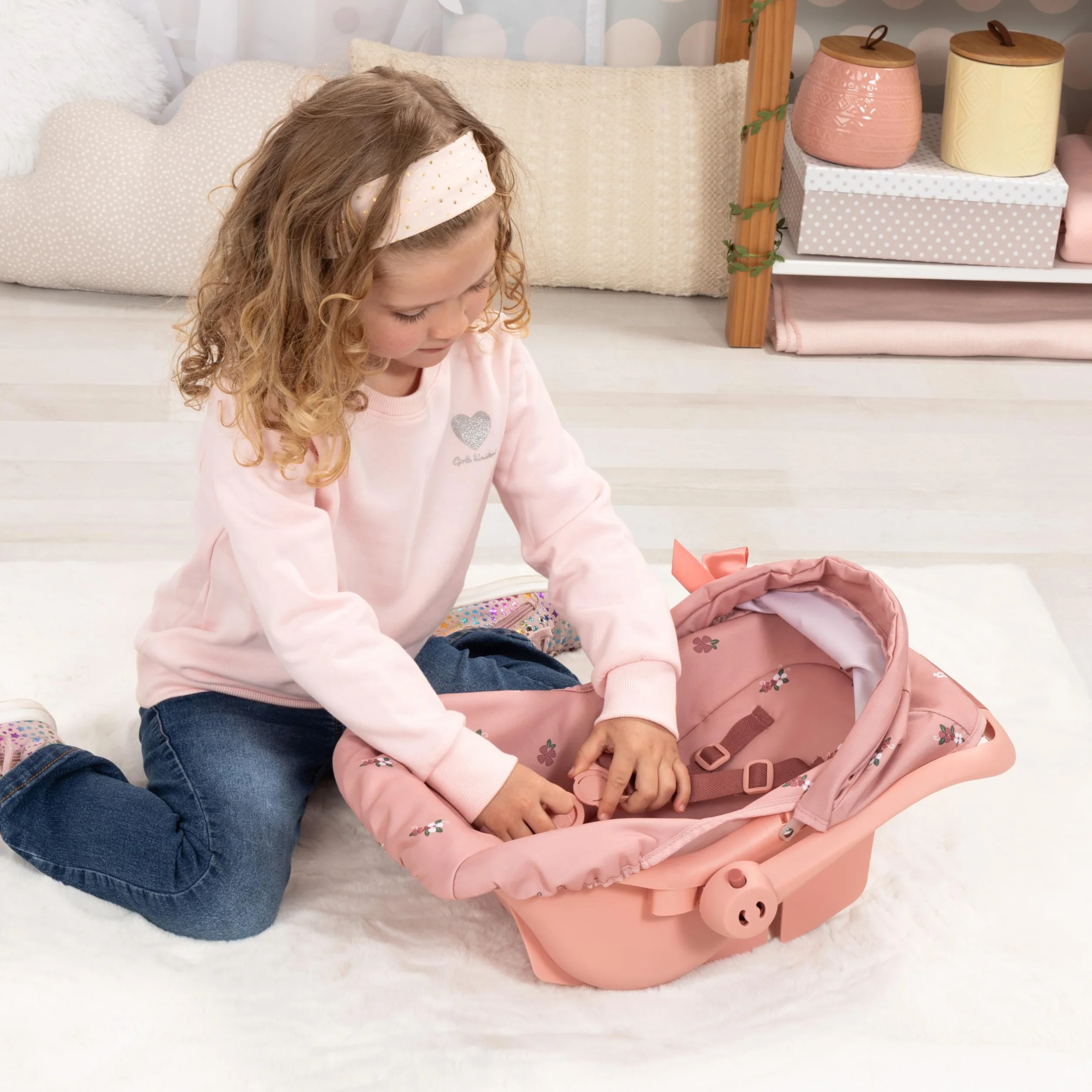 Bayer Design Silla de Coche para muñecas con Techo, Asa Ajustable, Cinturón de Seguridad, 46 cm