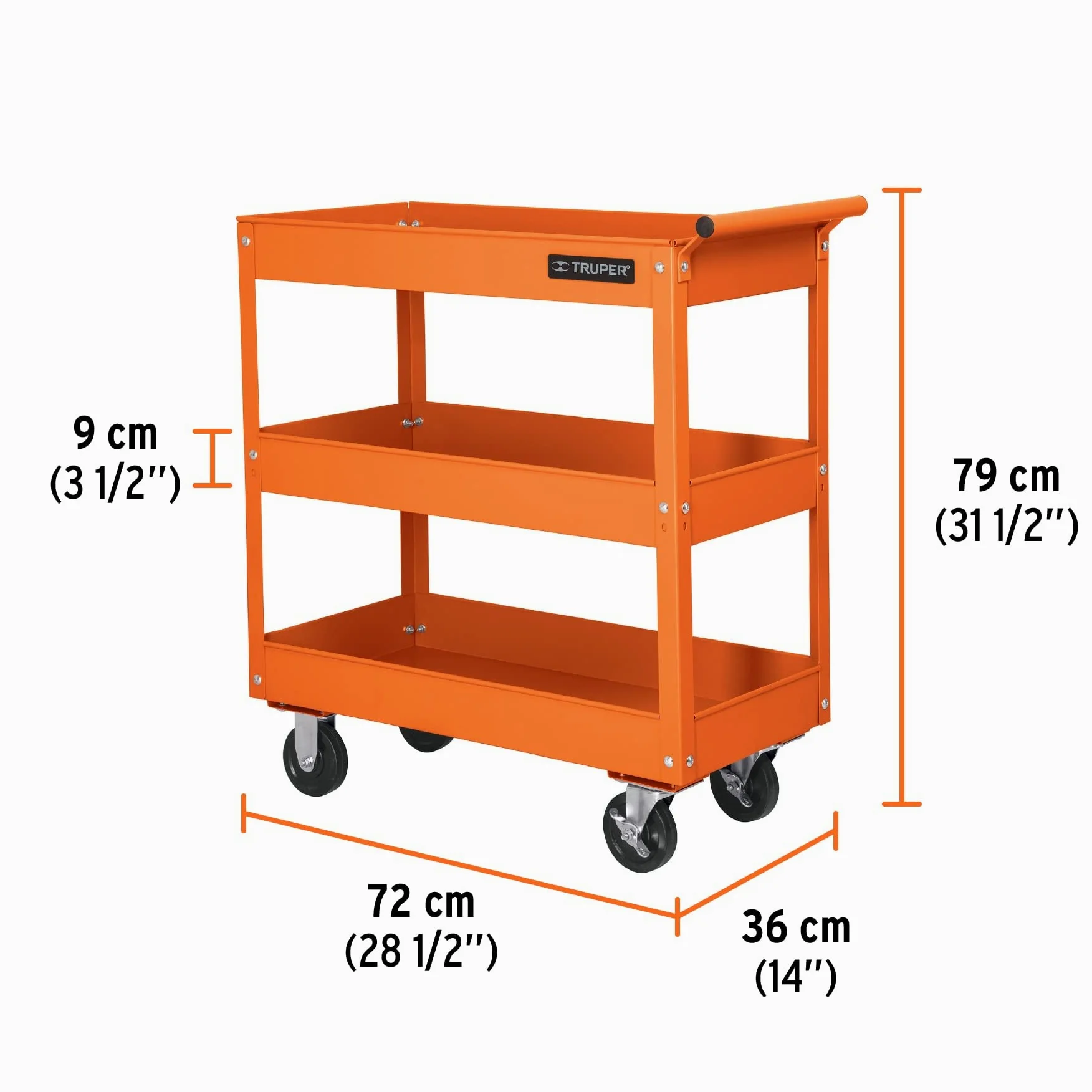 Carro de servicio Truper 3 estantes, neumático, 33.95 lbs, naranja, acero aleado, interior